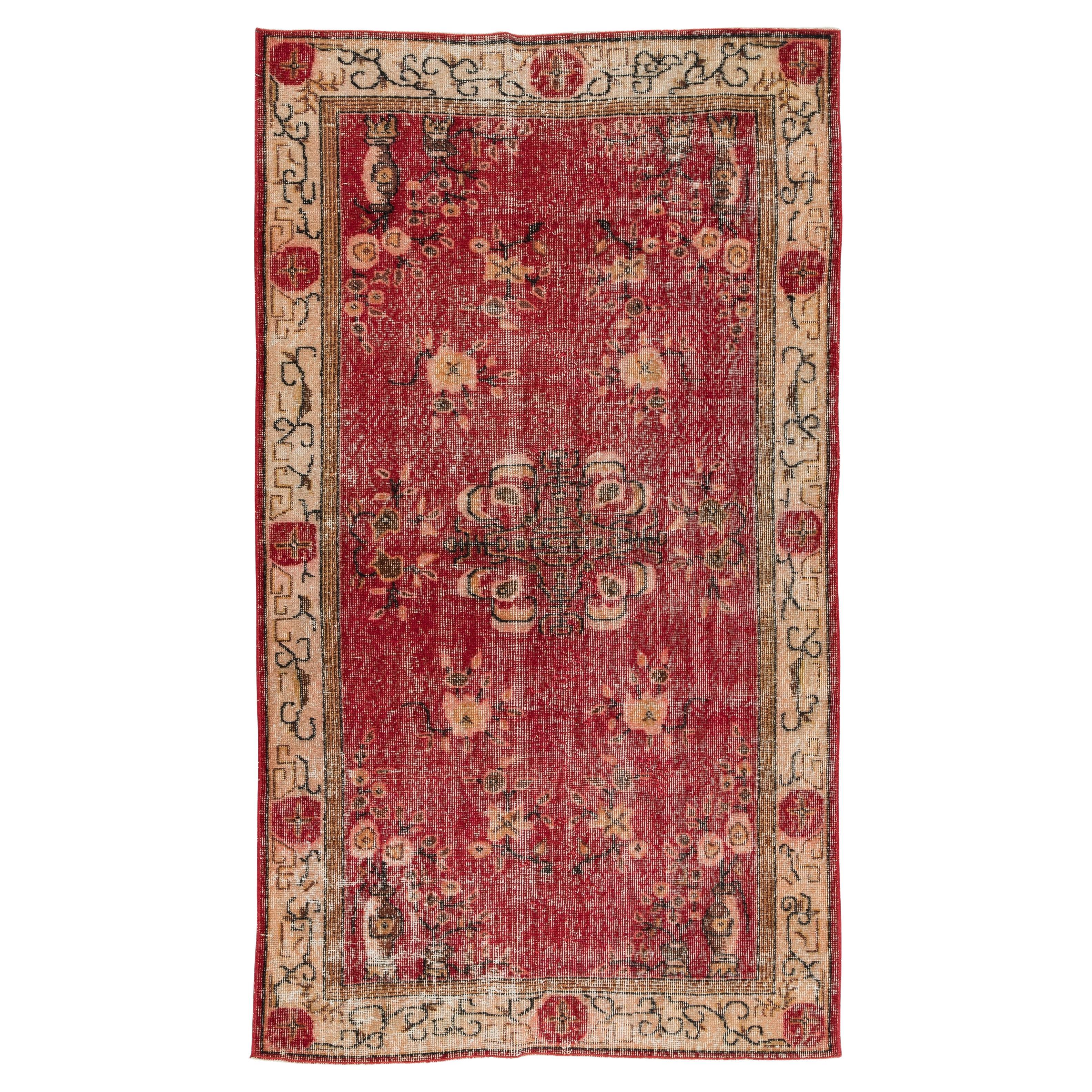 3.7x7.2 Ft Vintage Handmade Art Deco Chinese Design Accent Rug in Red & Beige For Sale