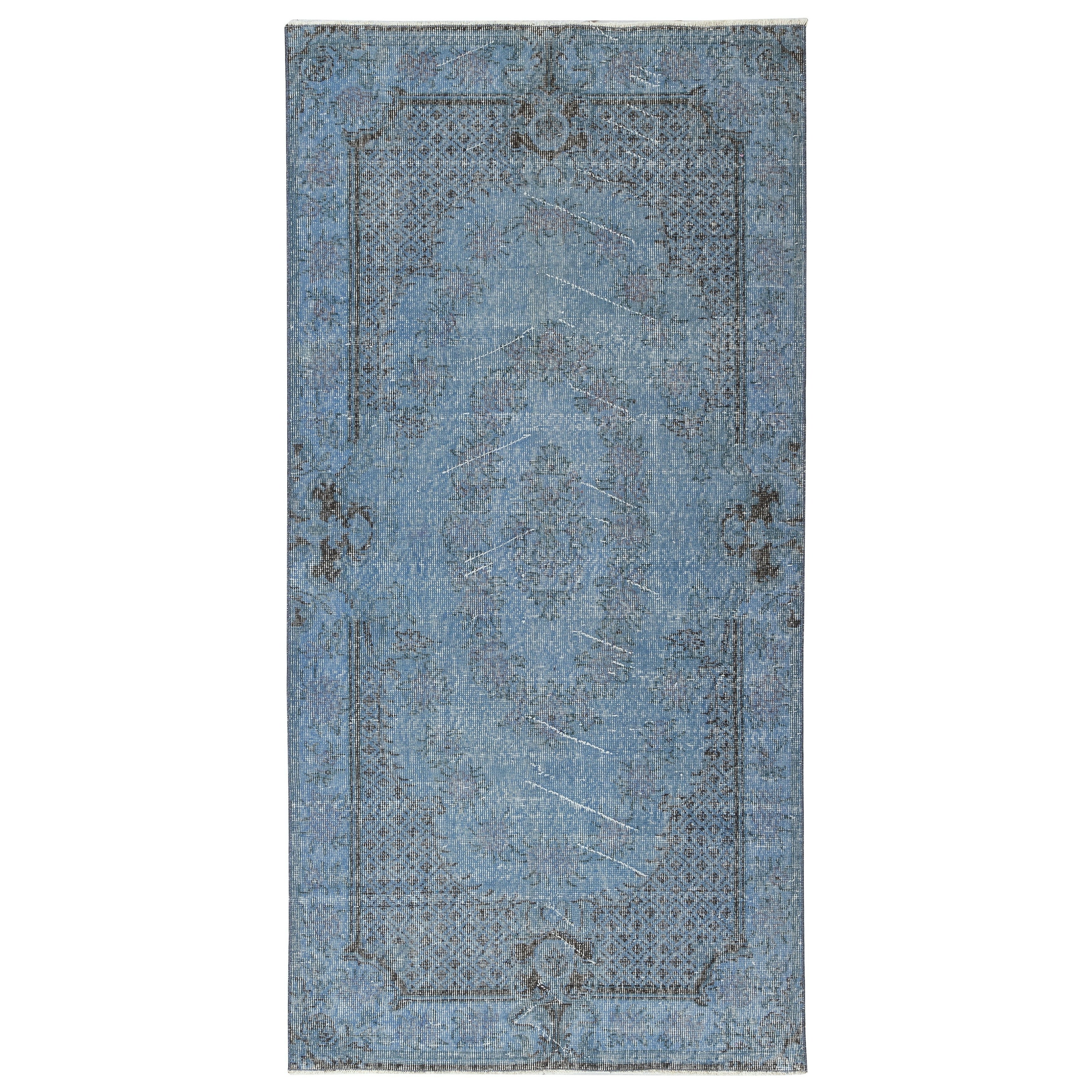 3.7x7.3 Ft Vintage Turkish Rug Overdyed in Blau. Handgefertigter moderner Wohnzimmerteppich