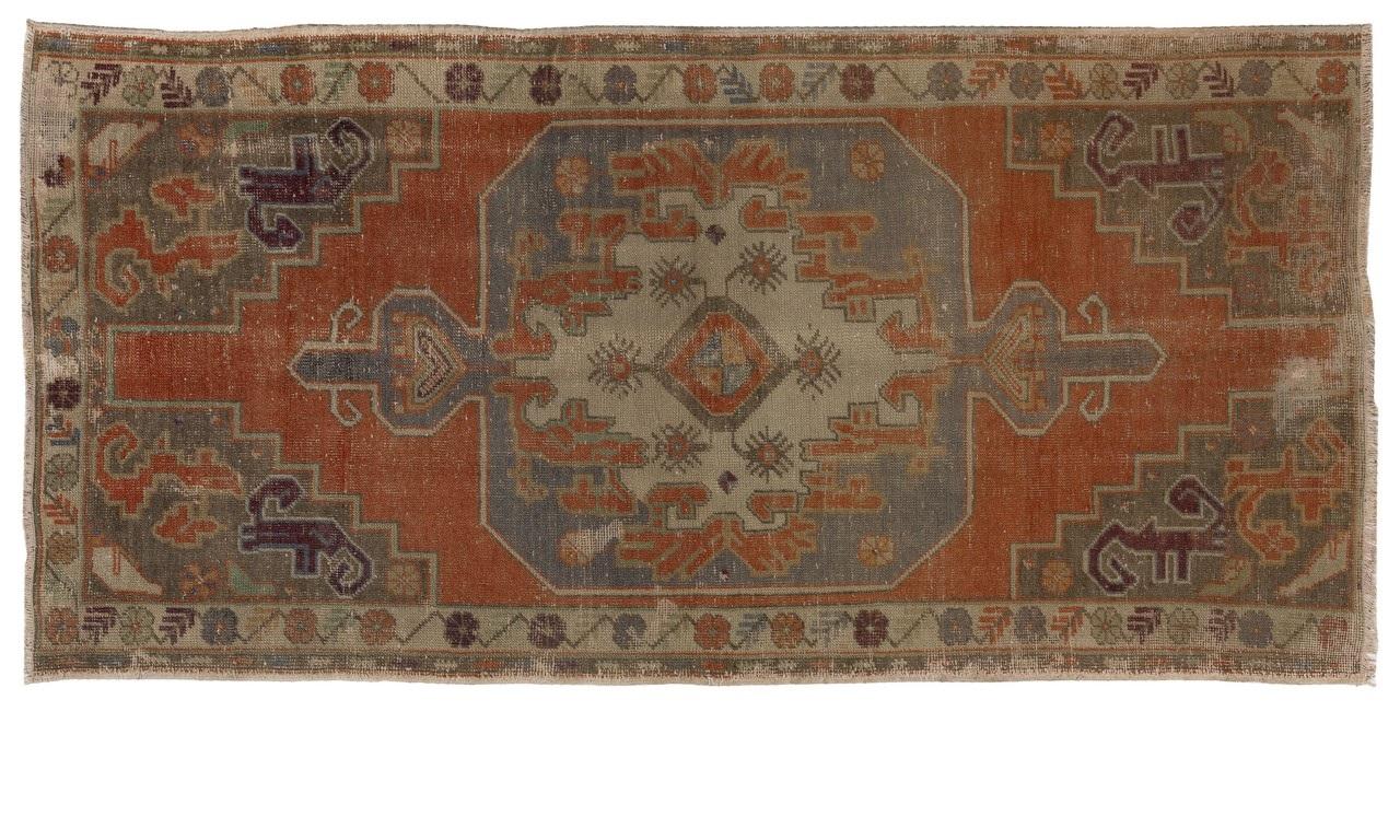 Hand-Knotted Handmade 1960s Turkish Village Rug with Geometric Medallion, All Wool For Sale