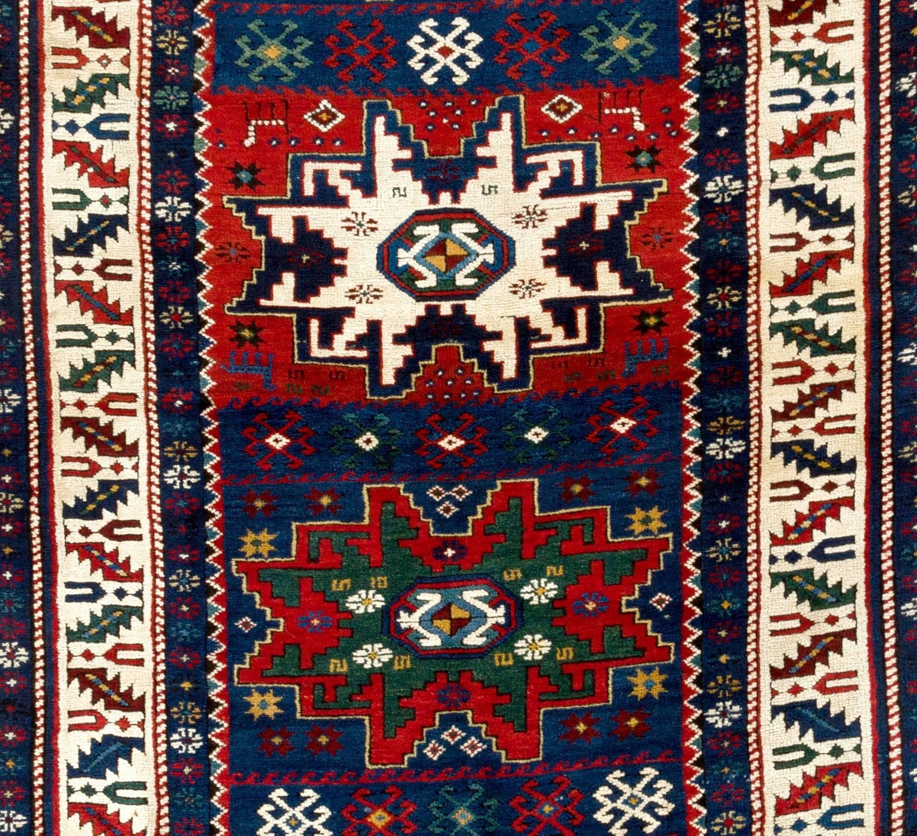 Antique Caucasian Karabagh Kazak rug with Lesghi Stars.
Full pile, all original, very good condition.
No repairs. No issues,
ca 1890. Measures: 3.7 x 8.3 ft.