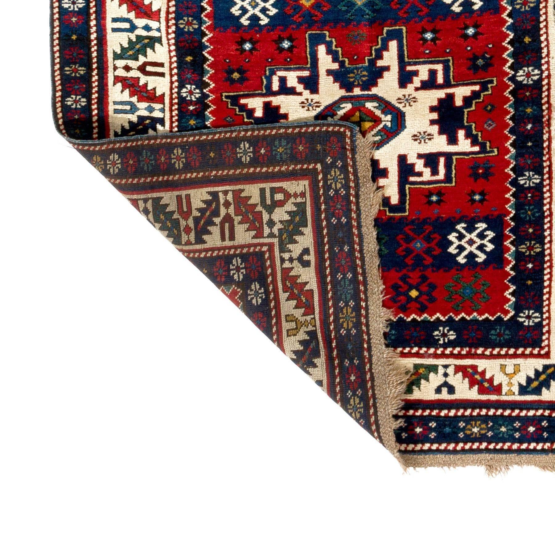 Antique Caucasian Karabagh Kazak rug with Lesghi Stars.
Full pile, all original, very good condition.
No repairs. No issues,
ca 1890. 
Size: 3.7 x 8.3 ft