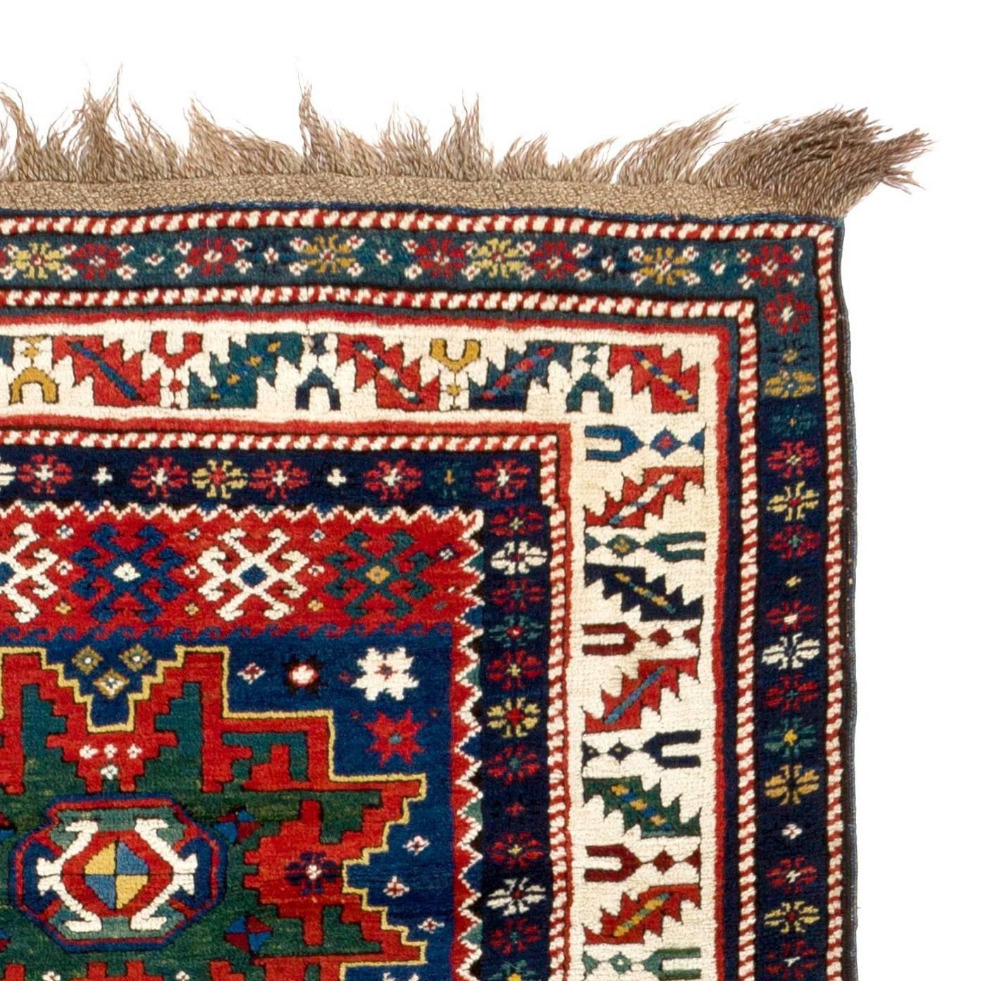 Hand-Knotted 3.7x8.3 Ft Antique Caucasian Karabagh Kazak Rug with Lesghi Stars, Ca 1890 For Sale