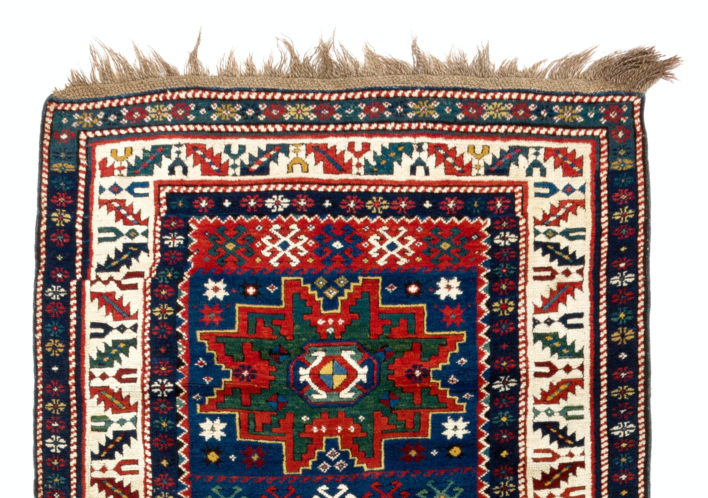 Hand-Knotted 3.7x8.3 Ft Antique Caucasian Karabagh Kazak Rug with Lesghi Stars, Ca 1890 For Sale