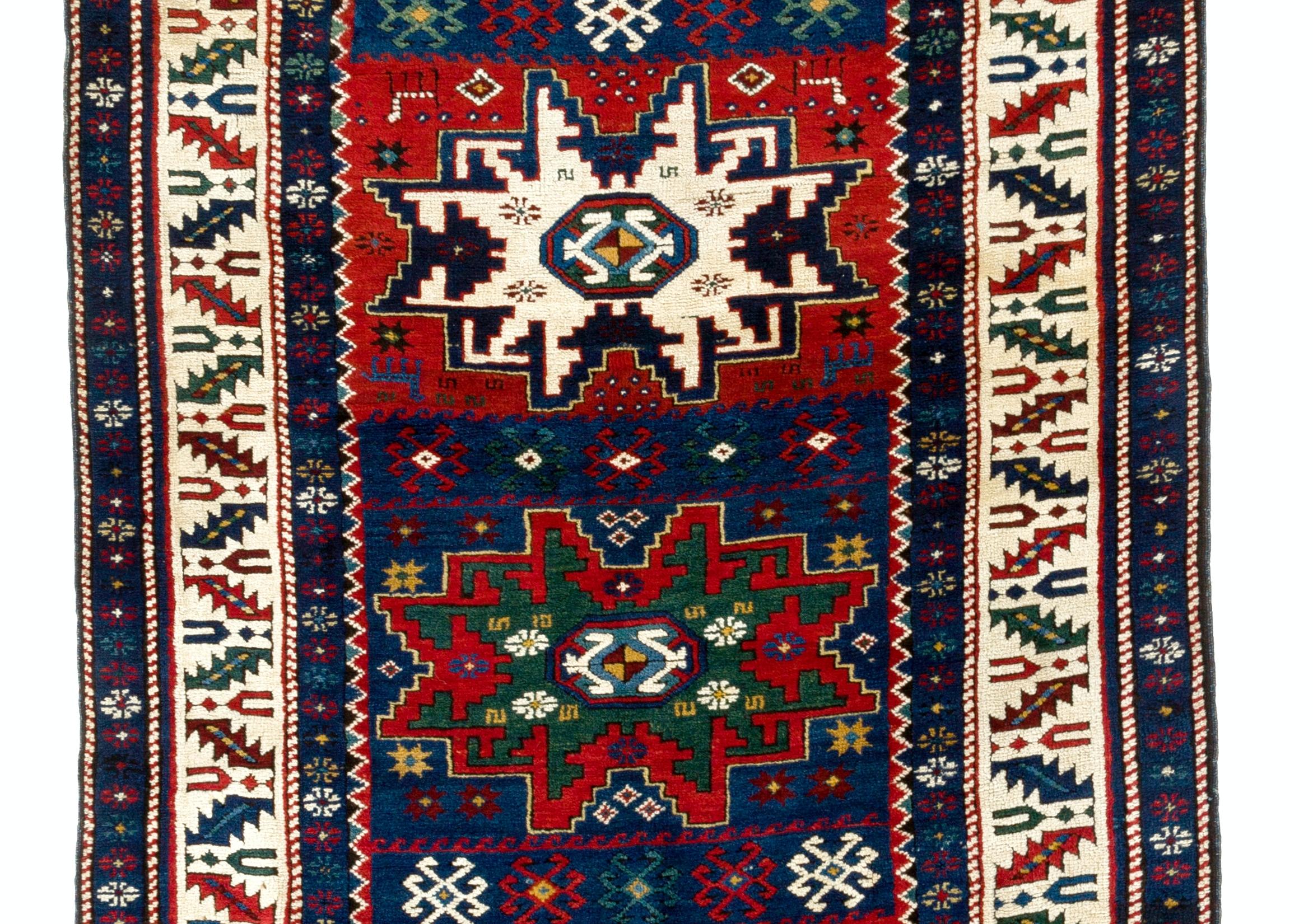 3.7x8.3 Ft Antique Caucasian Karabagh Kazak Rug with Lesghi Stars, Ca 1890 In Excellent Condition For Sale In Spring Valley, NY