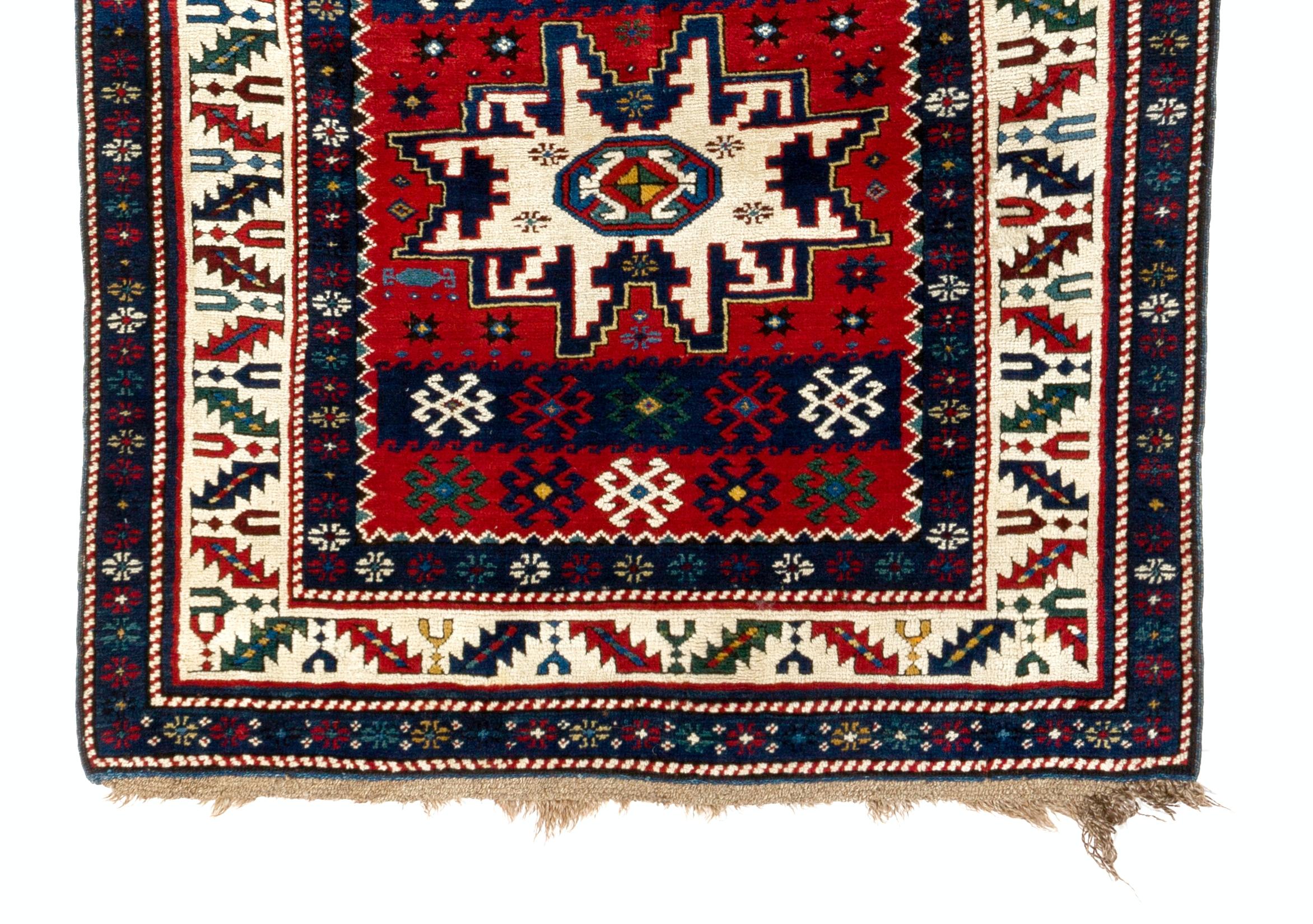 19th Century 3.7x8.3 Ft Antique Caucasian Karabagh Kazak Rug with Lesghi Stars, Ca 1890 For Sale