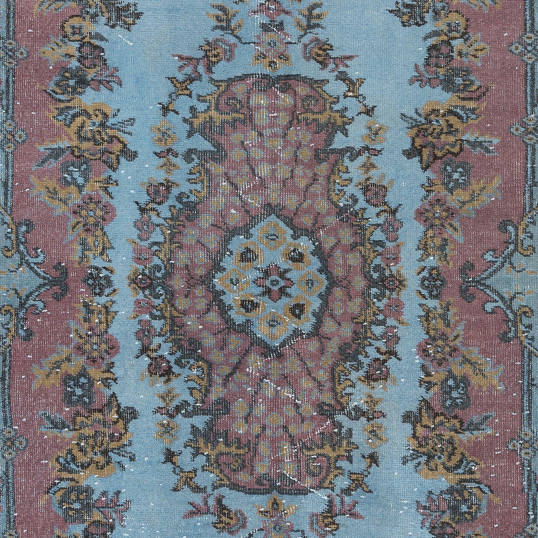 20th Century 3.7x8.3 Ft Handmade Turkish Rug in Light Blue & Red, Great 4 Modern Interiors For Sale