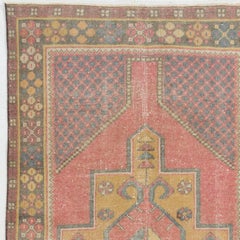3.7x8.8 Ft Vintage Turkish Village Rug, Soft Red, Mustard Yellow, Green & Gray