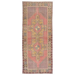 3.7x8.8 Ft Vintage Turkish Village Rug, Soft Red, Mustard Yellow, Green & Greene