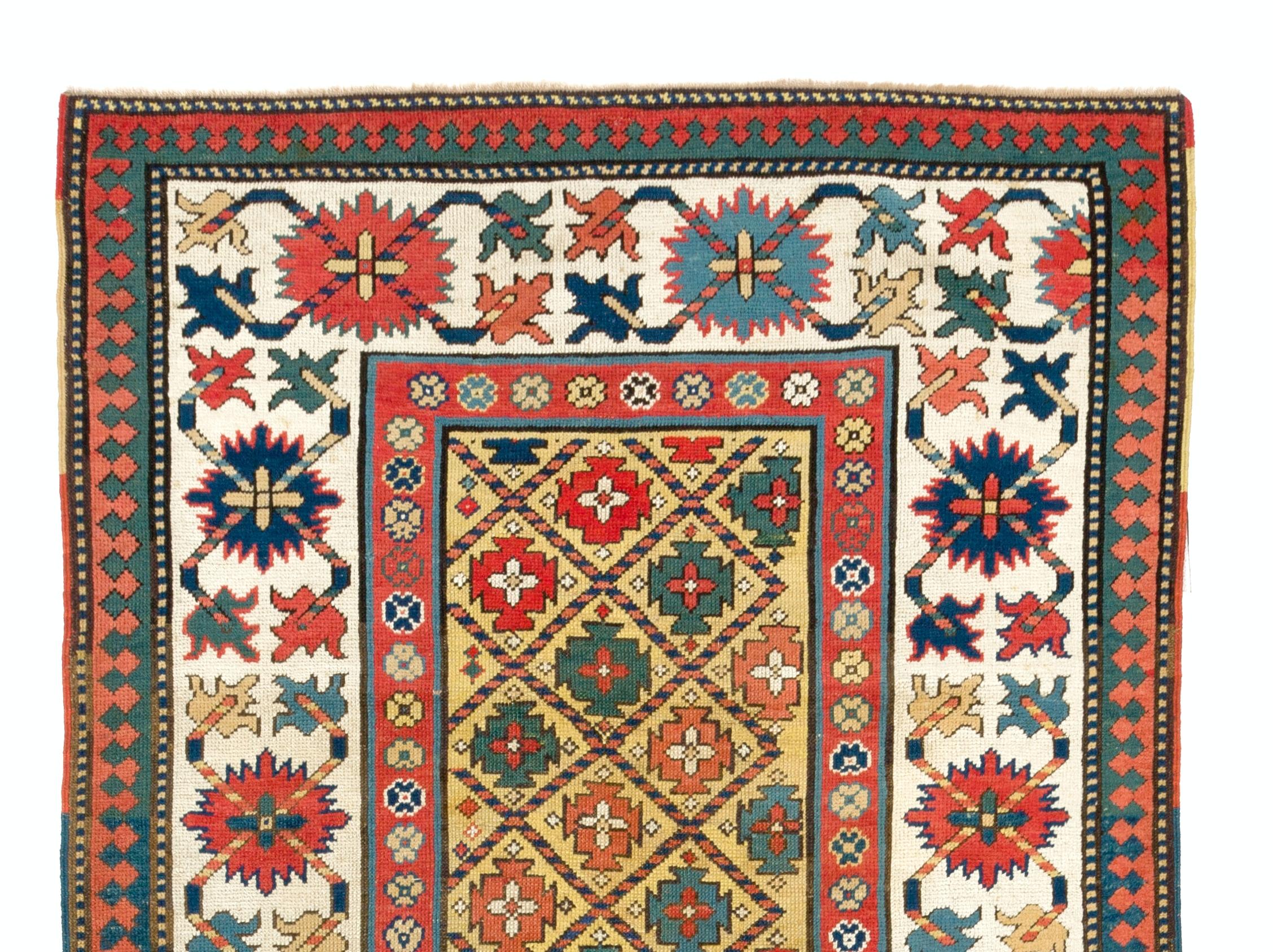Hand-Knotted 3.7x9 Ft Antique Yellow Ground Caucasian Kazak Rug. Ca 1880 For Sale