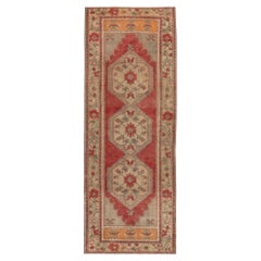 3.7x9.8 3.7x9.8 Ft Tri-Medallion Vintage Handknotted Runner Rug in Red, Beige and Orange