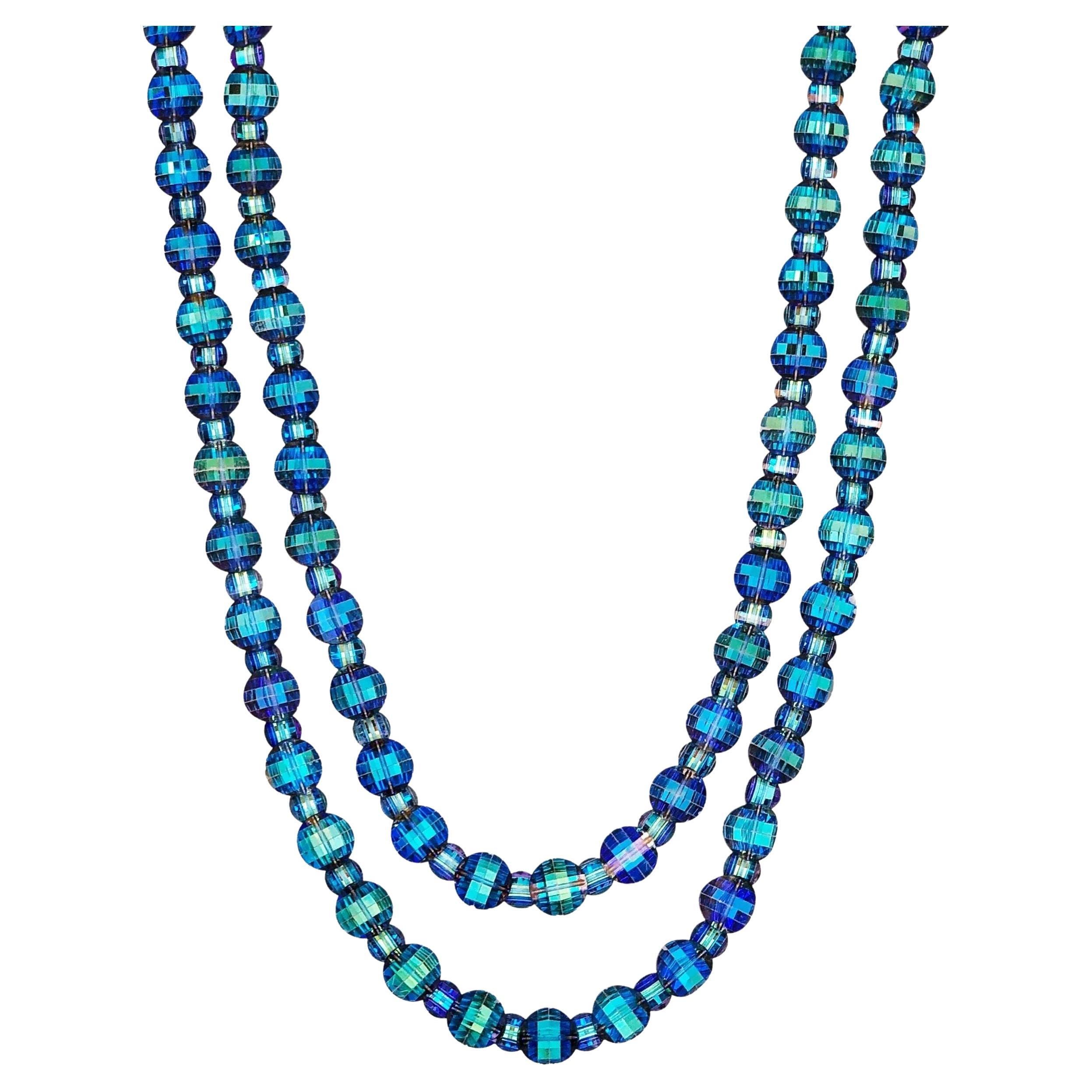 38" Blue Prismatic Pagoda Swarovski Crystal Double Strand Necklace, 1950s For Sale