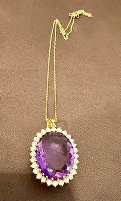38 Carat Amethyst & 3 Ct Diamond Pendant Necklace 14 Karat Yellow Gold + Chain