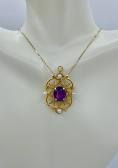 3.8 Carat Amethyst Pearl Lavalier Pendant Brooch Antique Victorian 14 Karat Gold