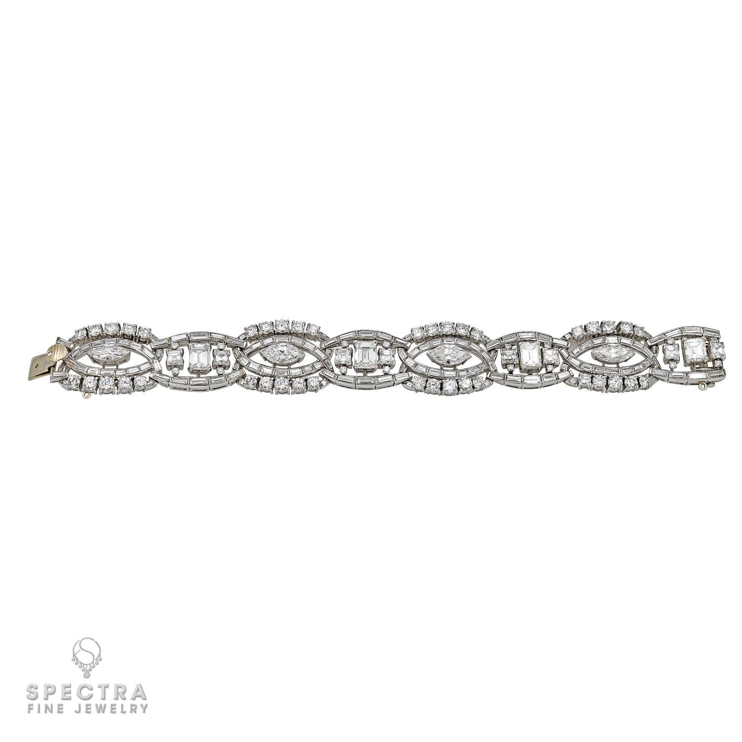 When baguette diamonds—those linear, sleek, rectangular fancy cut stones that reached their height of popularity in the 1920s—are used to deftly drive the dynamic movement within a jewelry composition, it borders on pure poetry. This Vintage Diamond