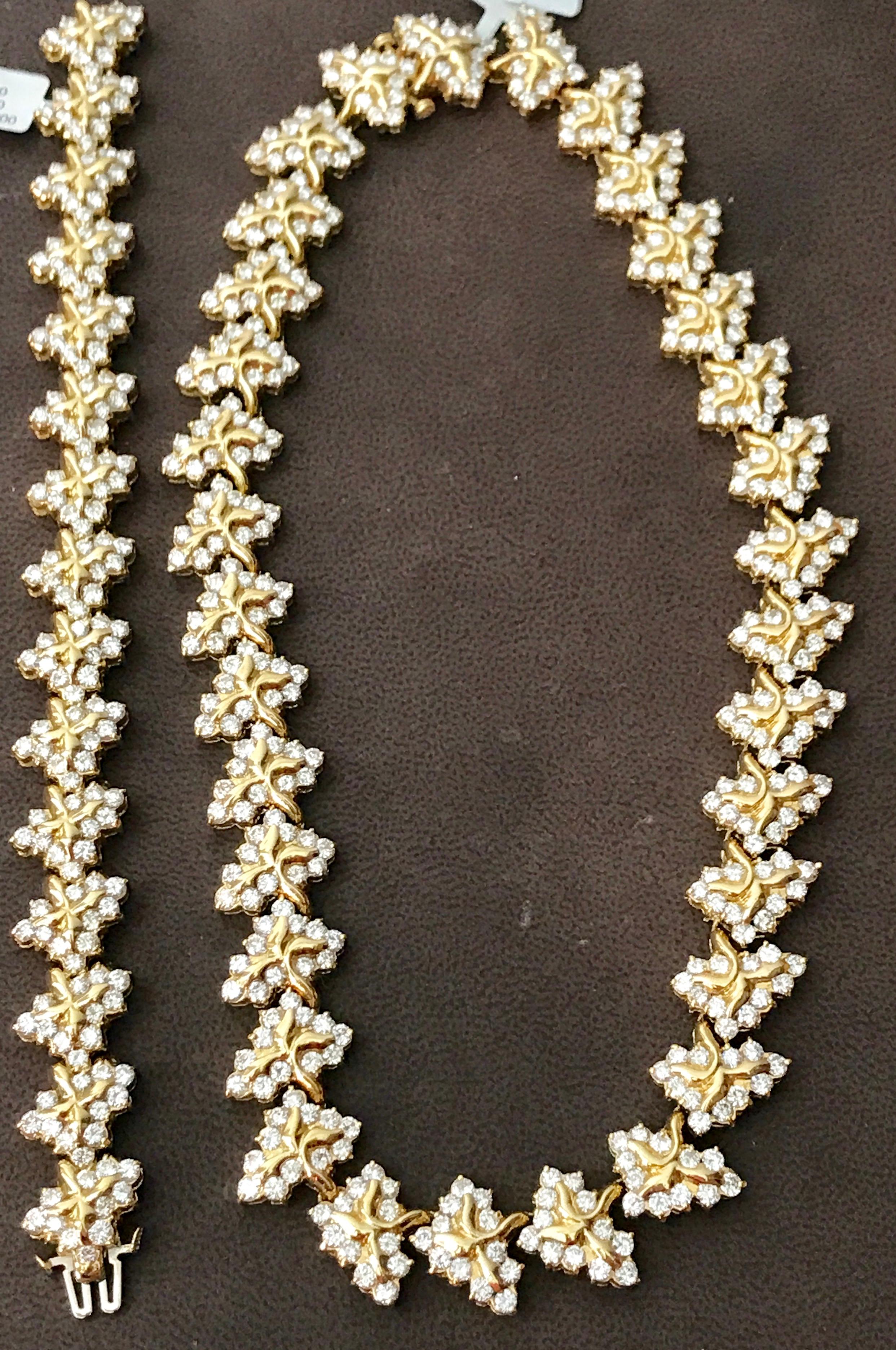 One of our premium Neckalce and Bracelet set  from our Bridal collection.
38 carats of VS quality of Diamonds all mounted in 14 karat yellow gold. Weight of the necklace and Bracelet is  is 180 grams. 
Necklace is 16 inch and bracelet is 7 inch