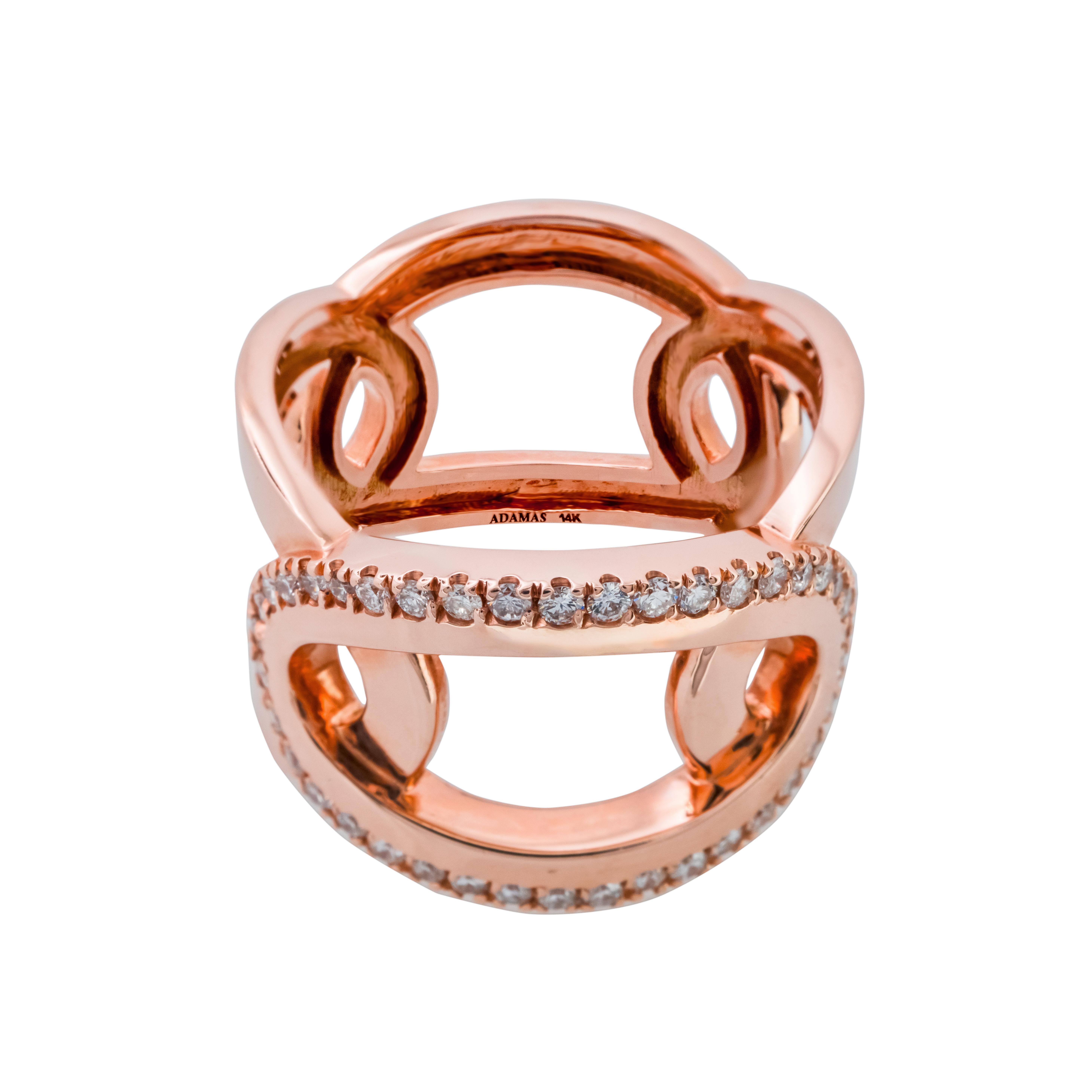This unique band ring features 40 round brilliant cut diamonds with a total carat weight of .38cts, which are mounted in an oval band design crafted in radiant 14k rose gold, creating a modern and chic look. Whether worn alone for a subtle statement
