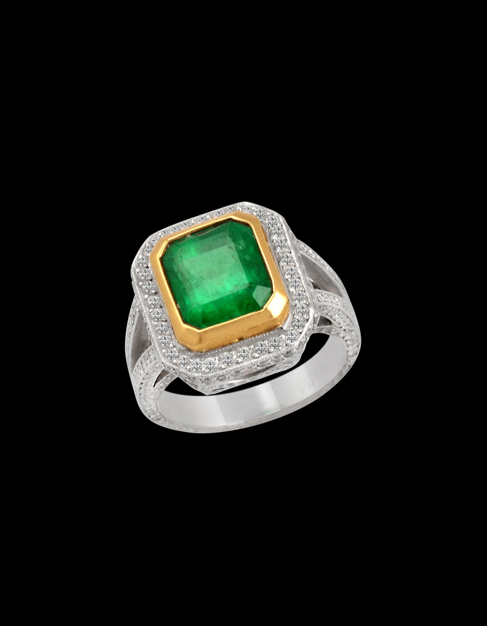 3.8 Carat Emerald Cut Colombian Emerald and Diamond Ring Platinum, Two-Tone 3