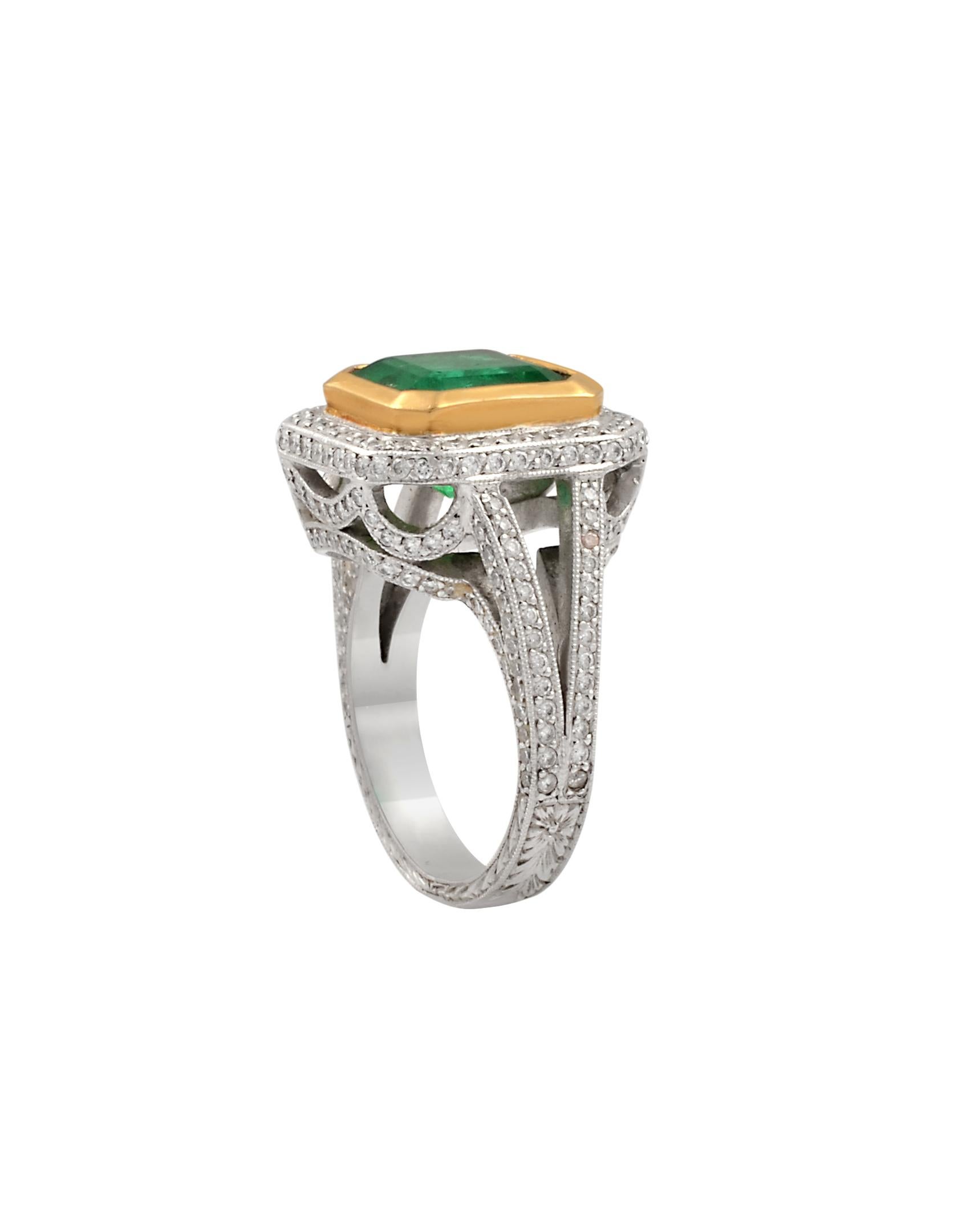 3.8 Carat Emerald Cut Colombian Emerald and Diamond Ring Platinum, Two-Tone 6