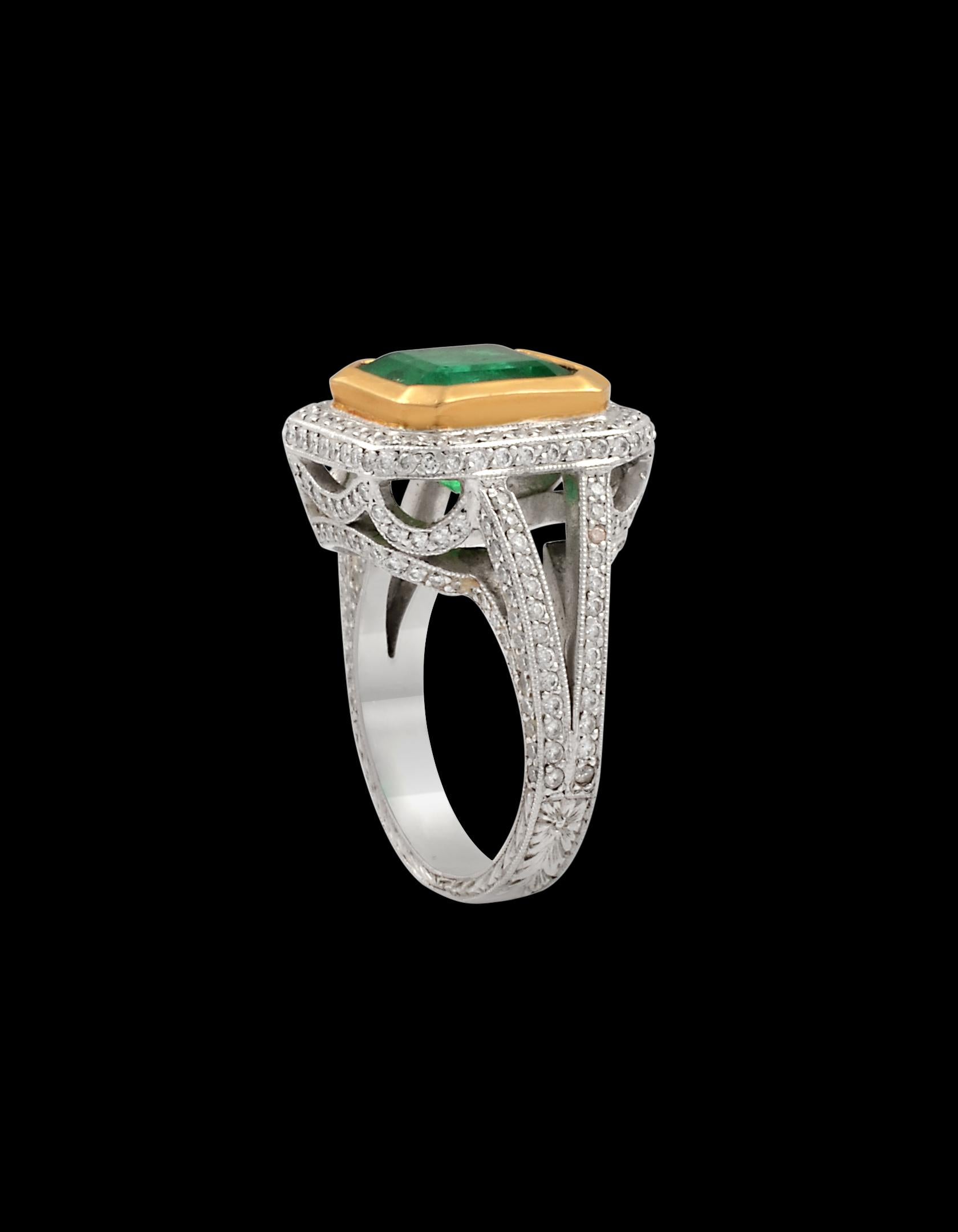 3.8 Carat Emerald Cut Colombian Emerald and Diamond Ring Platinum, Two-Tone 7