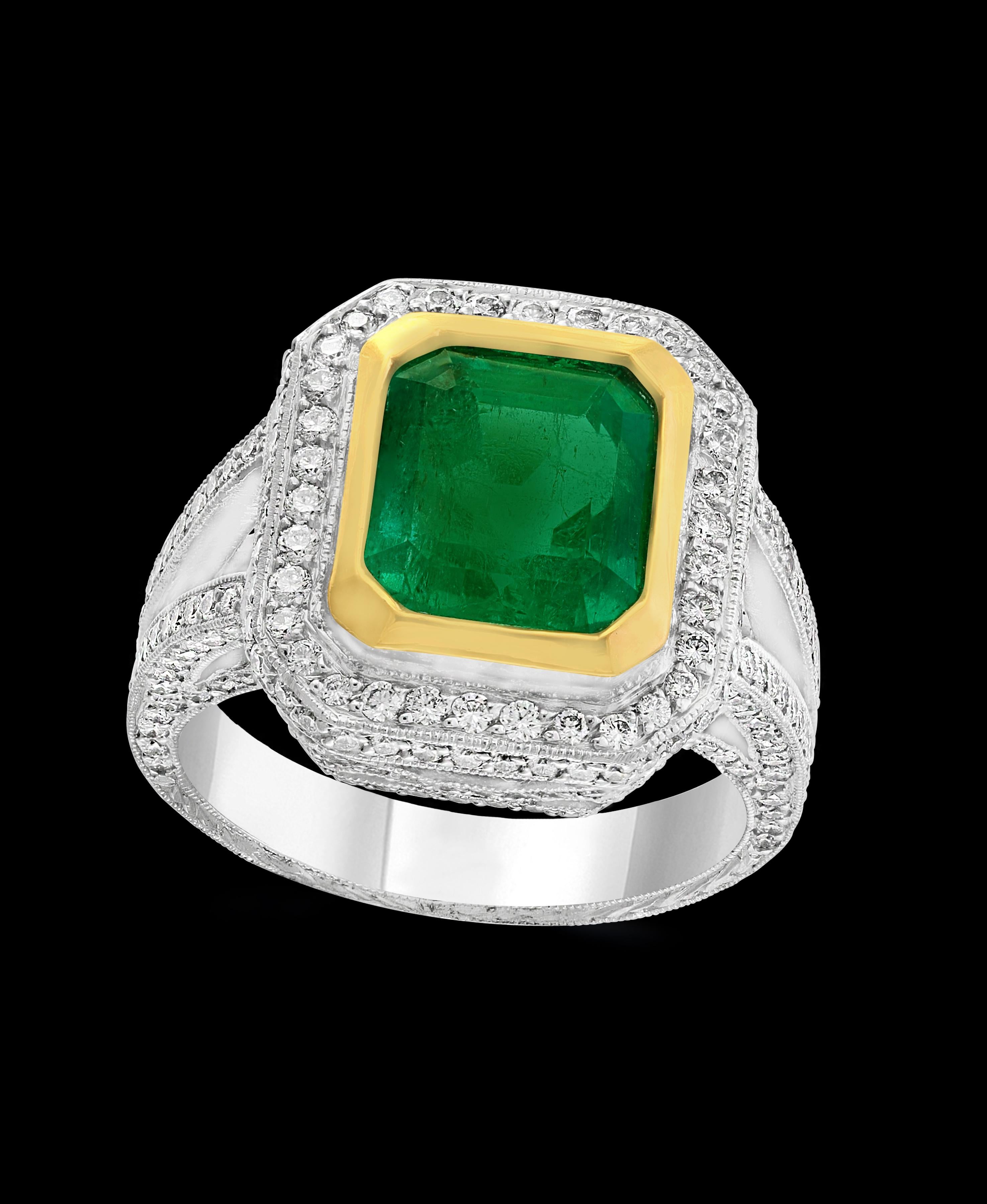 A classic, Cocktail ring 
3.8 Carat  Colombian Emerald and Diamond Ring, Estate.
Platinum 11.4 gm
 Diamonds: approximate 1.5 Carat 
Emerald: 3.8ct
Origin : Colombia 
Color: Deep  Green, Transparent extreme Fine Color Quality
One of our finest