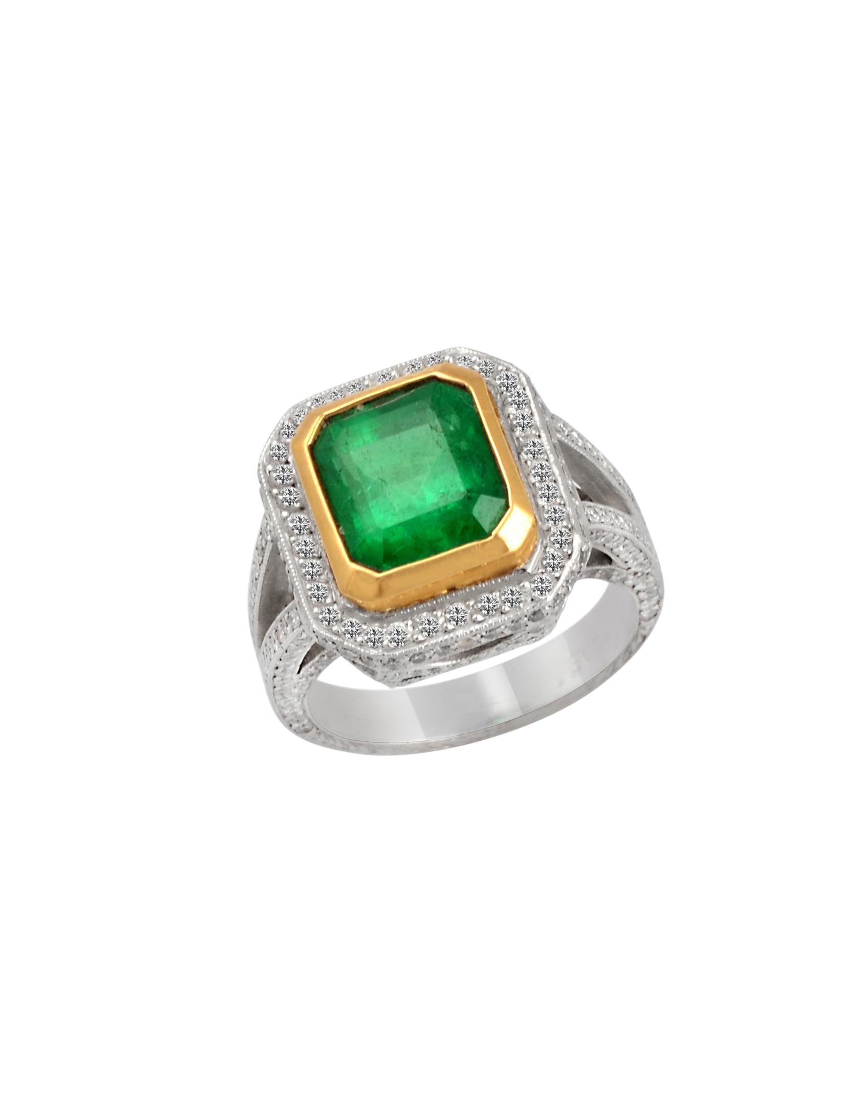 3.8 Carat Emerald Cut Colombian Emerald and Diamond Ring Platinum, Two-Tone 2