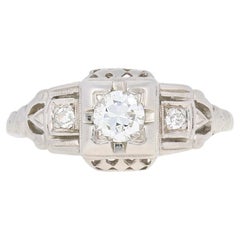 .38 Carat European Cut Diamond Art Deco Ring, 18 Karat White Gold Vintage