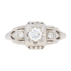 .38 Carat European Cut Diamond Art Deco Ring, 18 Karat White Gold Vintage