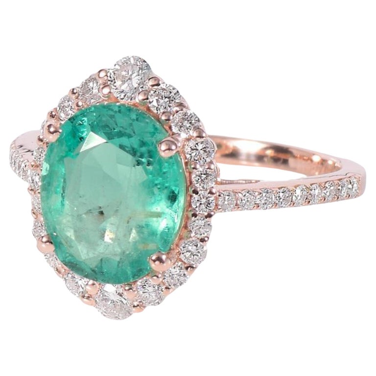 Customizable 3.8 Carat Halo Natural Emerald Engagement Ring Rose Gold Diamond Wedding Ring For