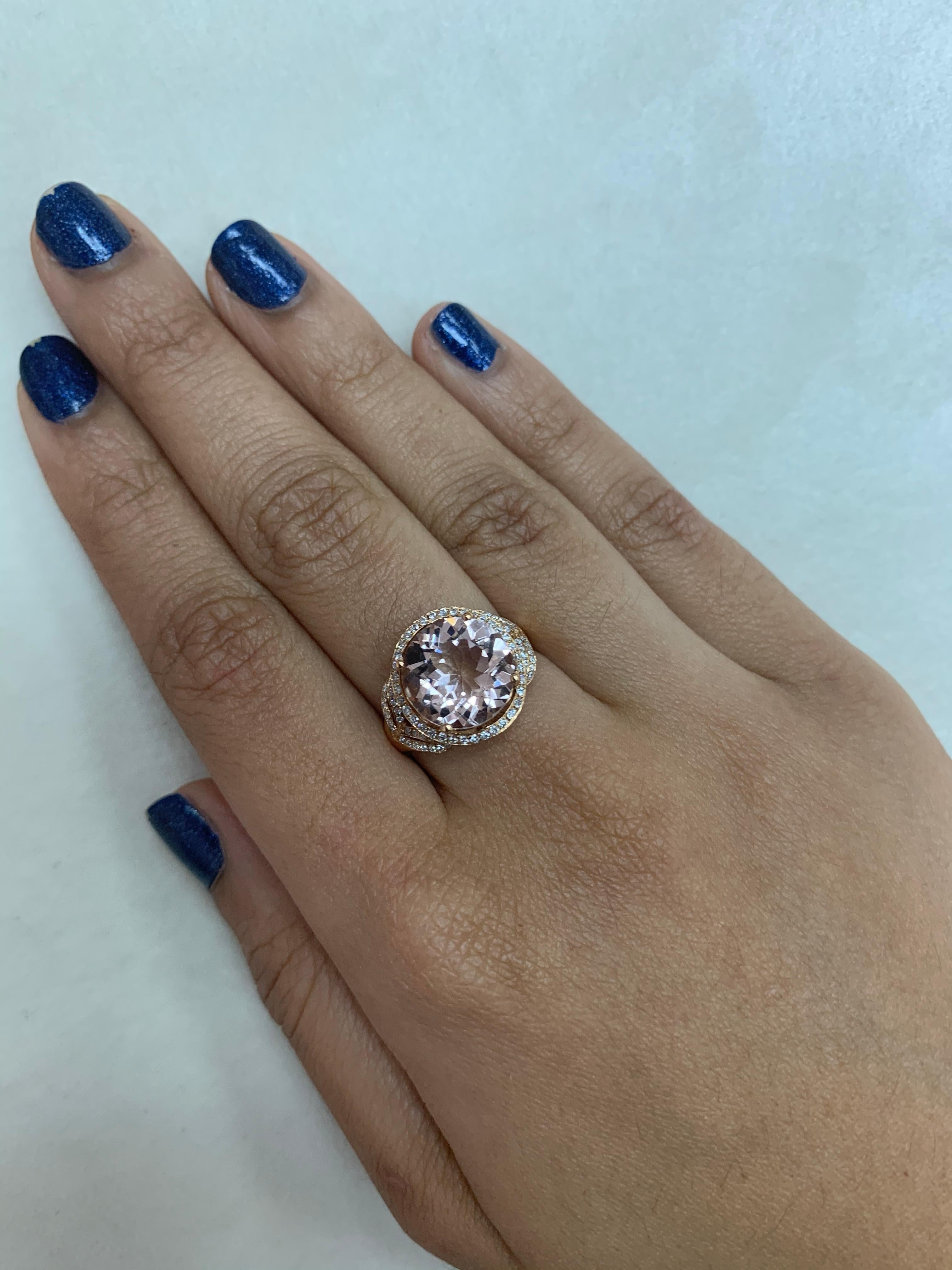 This collection features an array of magnificent morganites! Accented with diamonds these rings are made in rose gold and present a classic yet elegant look. 

Classic morganite ring in 18K rose gold with diamonds. 

Morganite: 3.81 carat round