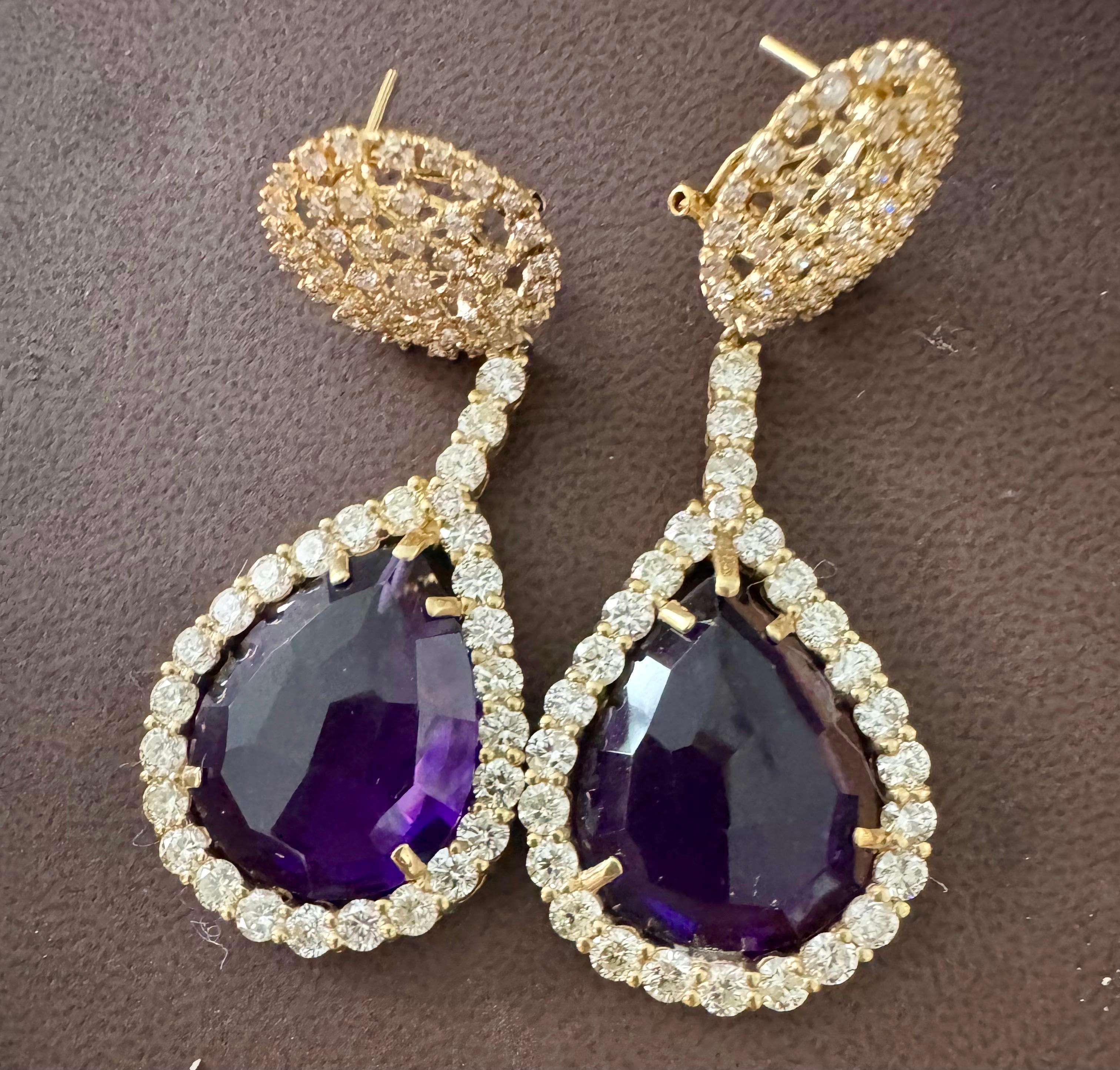 38 Carat Natural Amethyst & 9 Ct Diamond Cocktail Earring, 14 Karat Yellow Gold For Sale 5