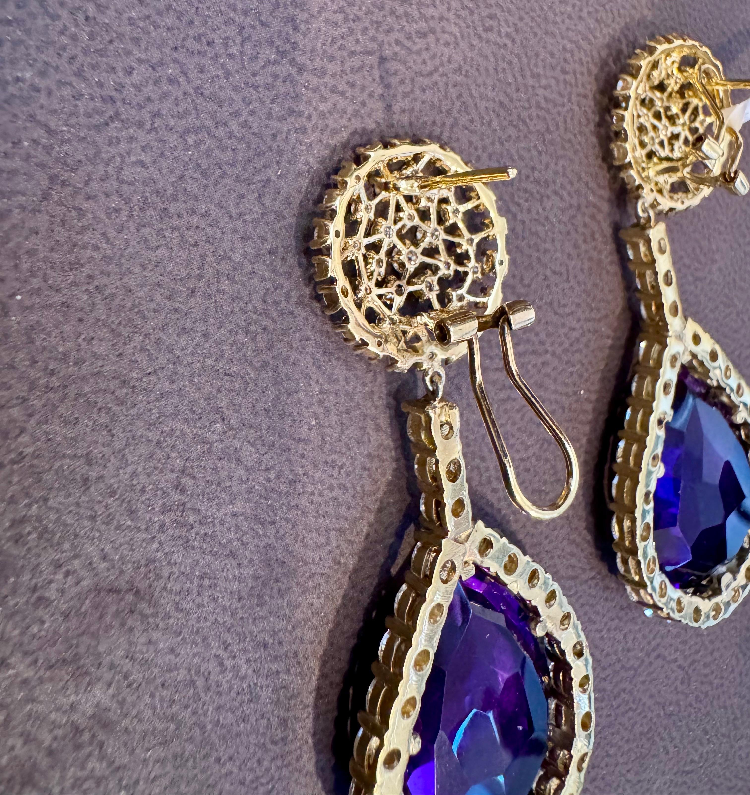 38 Carat Natural Amethyst & 9 Ct Diamond Cocktail Earring, 14 Karat Yellow Gold For Sale 6