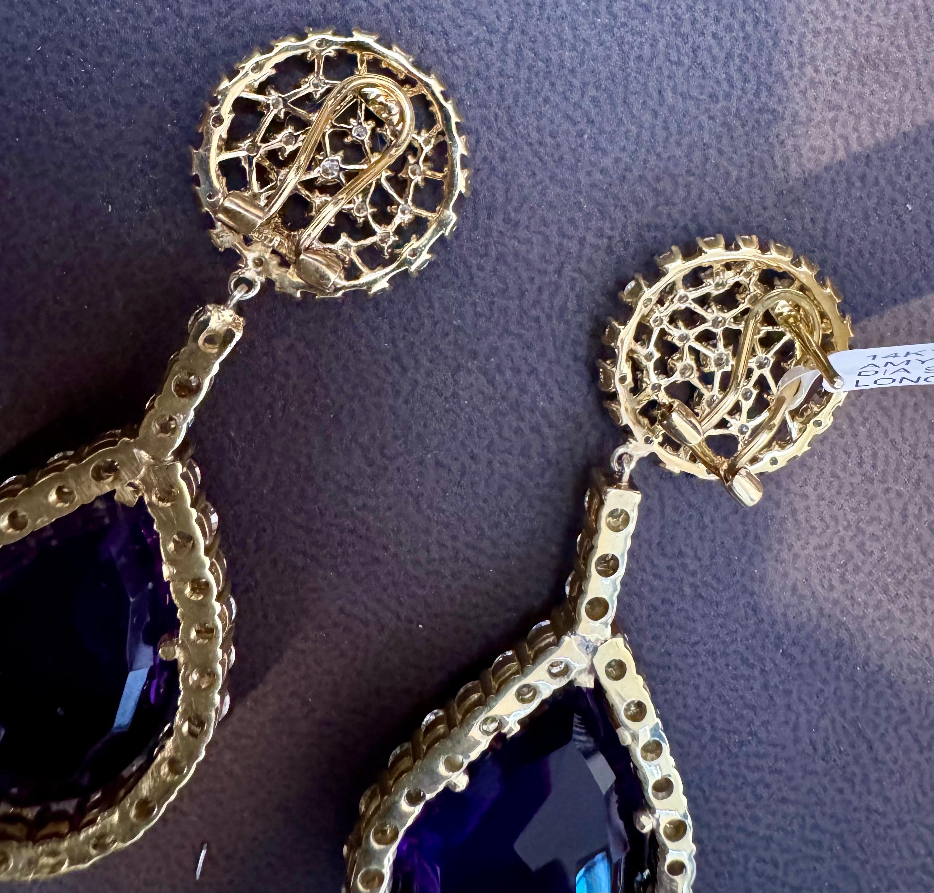 38 Carat Natural Amethyst & 9 Ct Diamond Cocktail Earring, 14 Karat Yellow Gold For Sale 7
