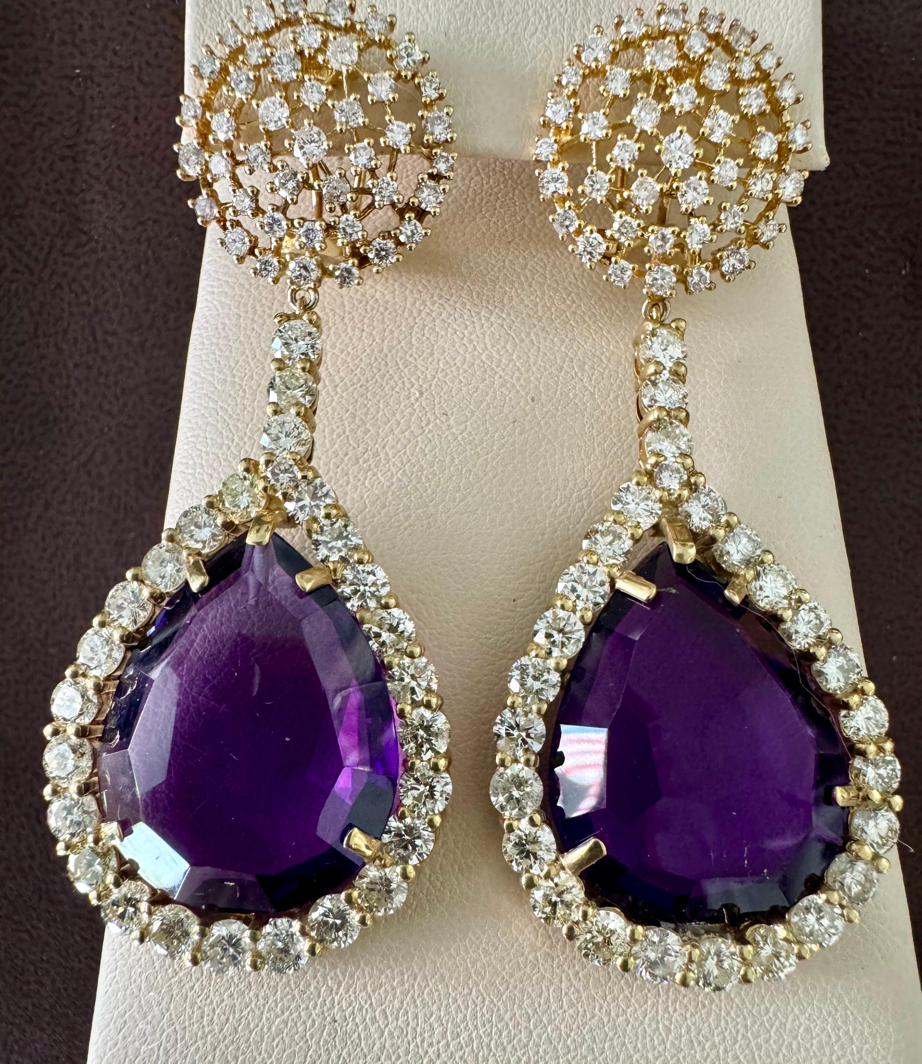 Oval Cut 38 Carat Natural Amethyst & 9 Ct Diamond Cocktail Earring, 14 Karat Yellow Gold For Sale