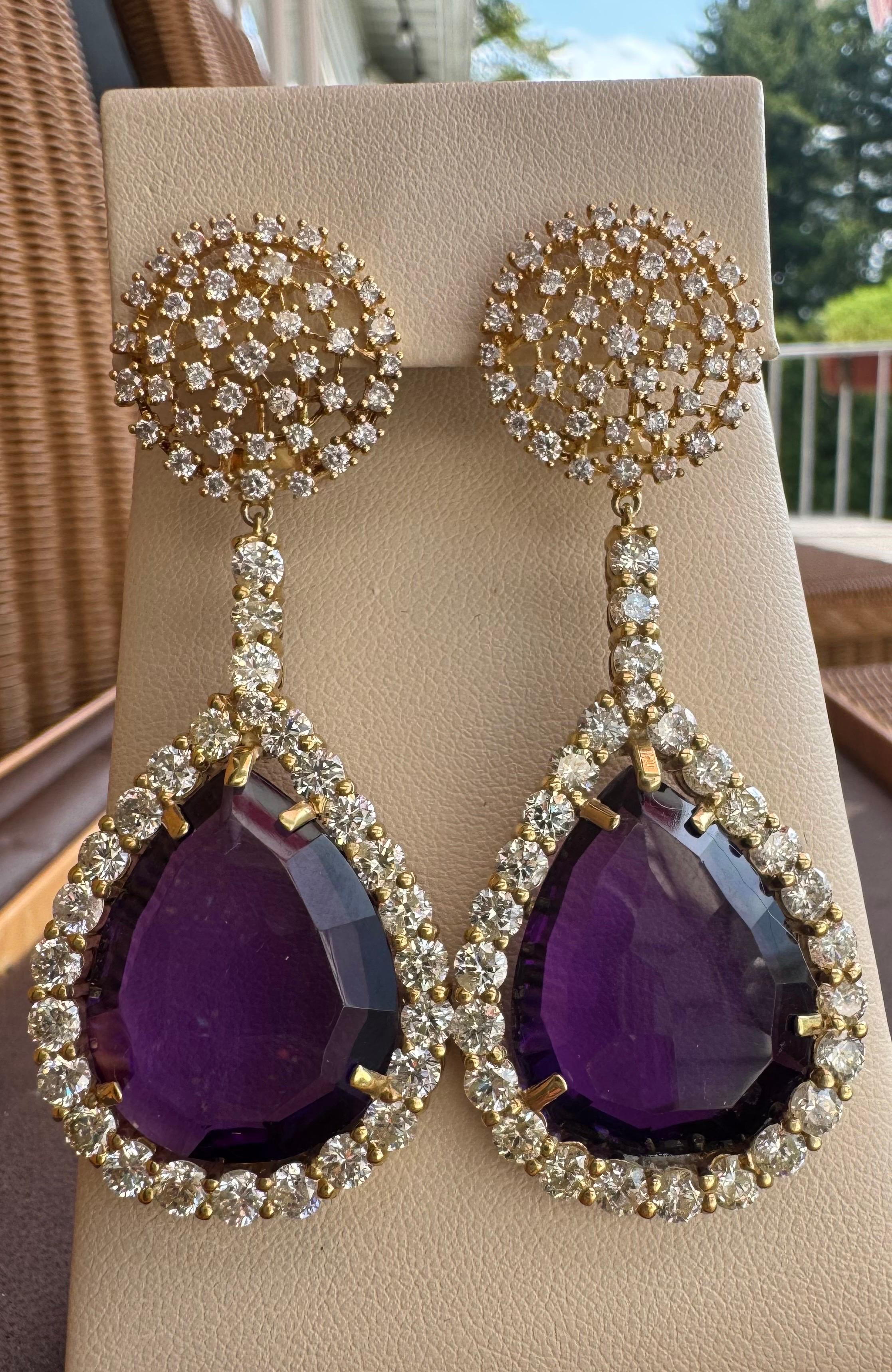 Women's 38 Carat Natural Amethyst & 9 Ct Diamond Cocktail Earring, 14 Karat Yellow Gold For Sale