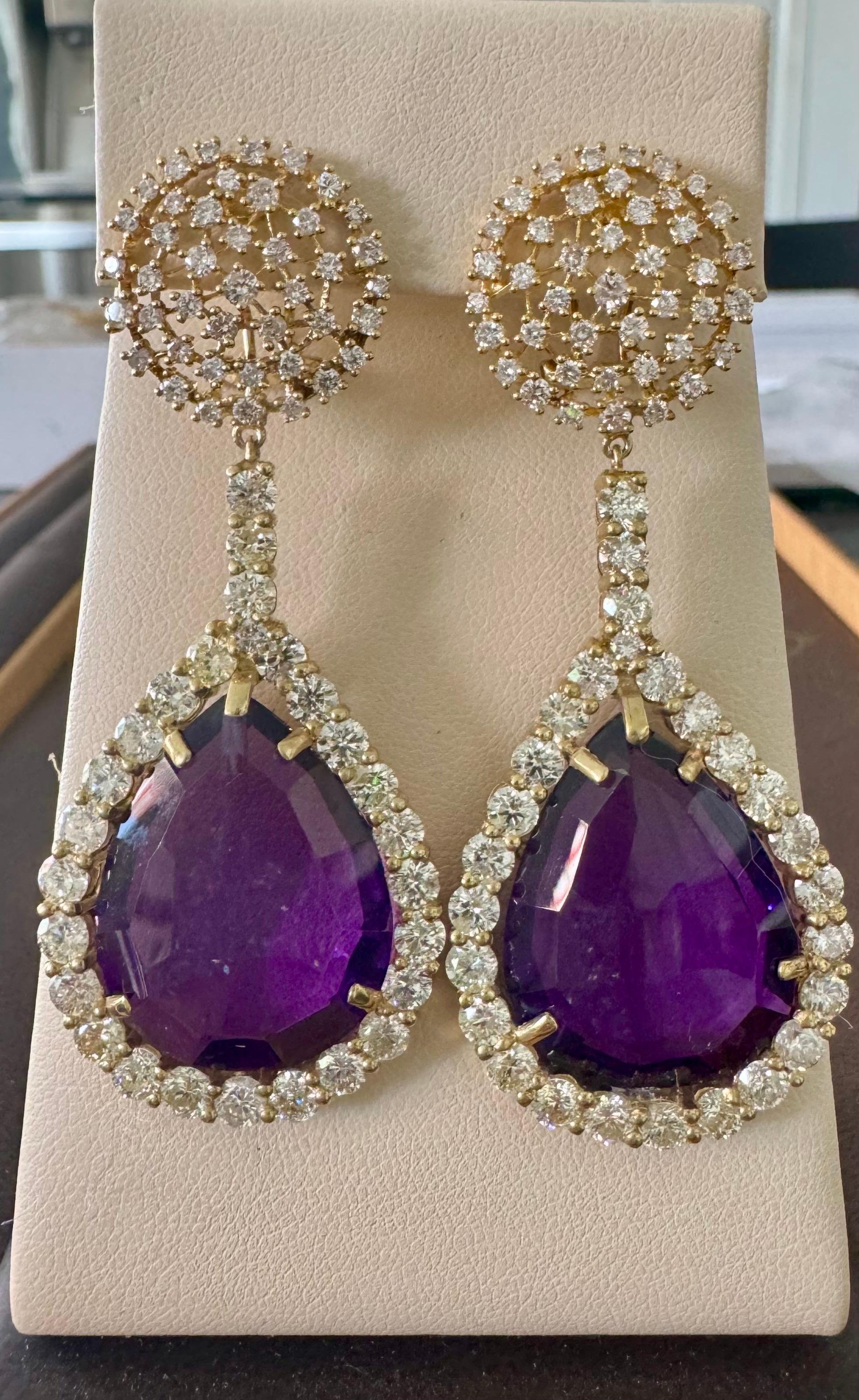 38 Carat Natural Amethyst & 9 Ct Diamond Cocktail Earring, 14 Karat Yellow Gold For Sale 2