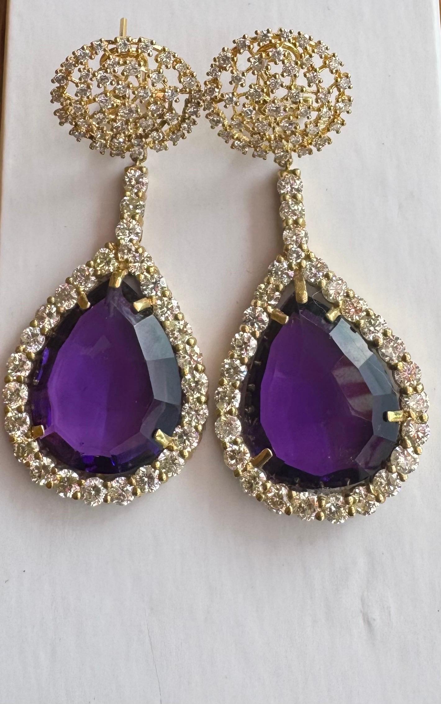 38 Carat Natural Amethyst & 9 Ct Diamond Cocktail Earring, 14 Karat Yellow Gold For Sale 3