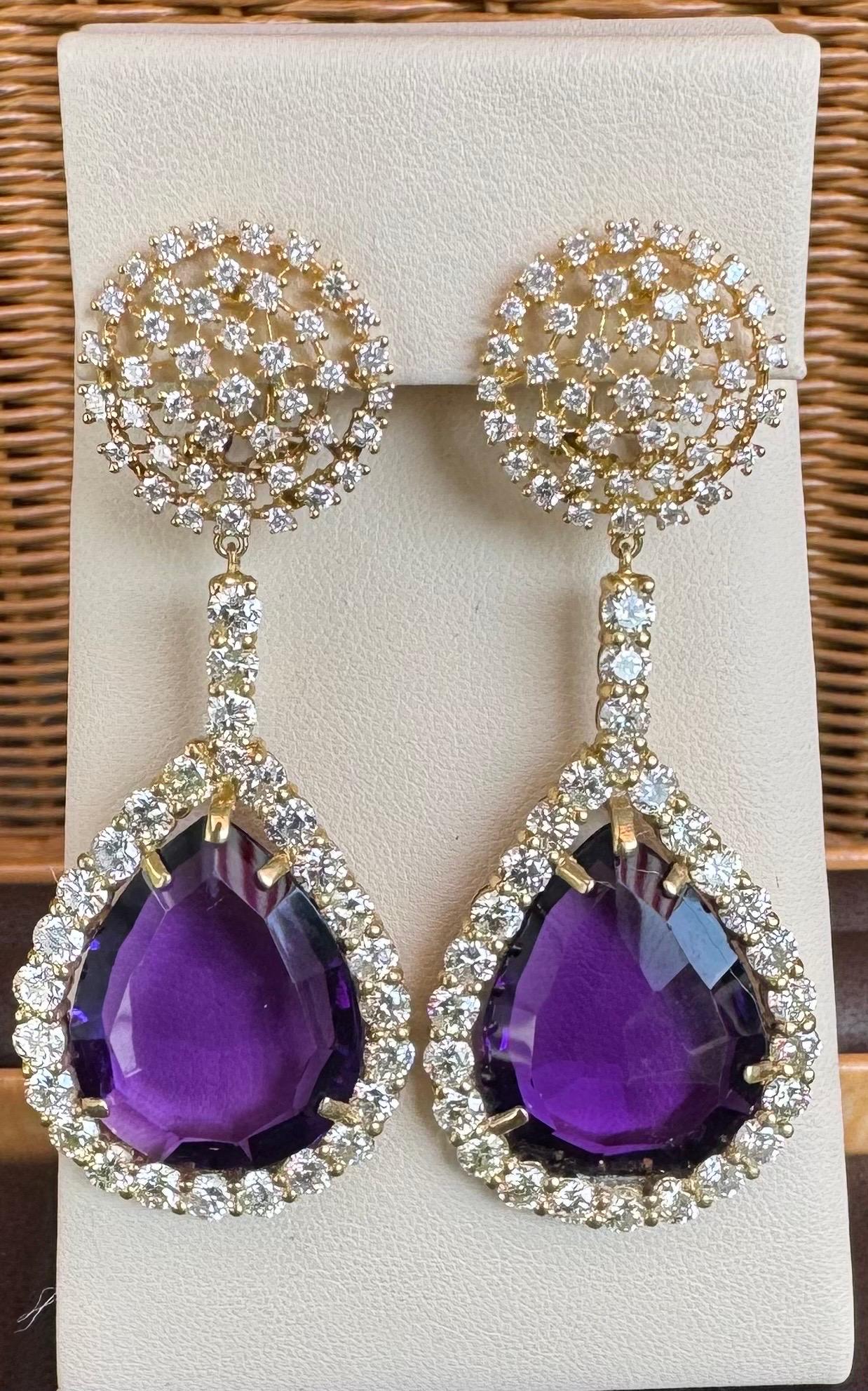 38 Carat Natural Amethyst & 9 Ct Diamond Cocktail Earring, 14 Karat Yellow Gold For Sale 4