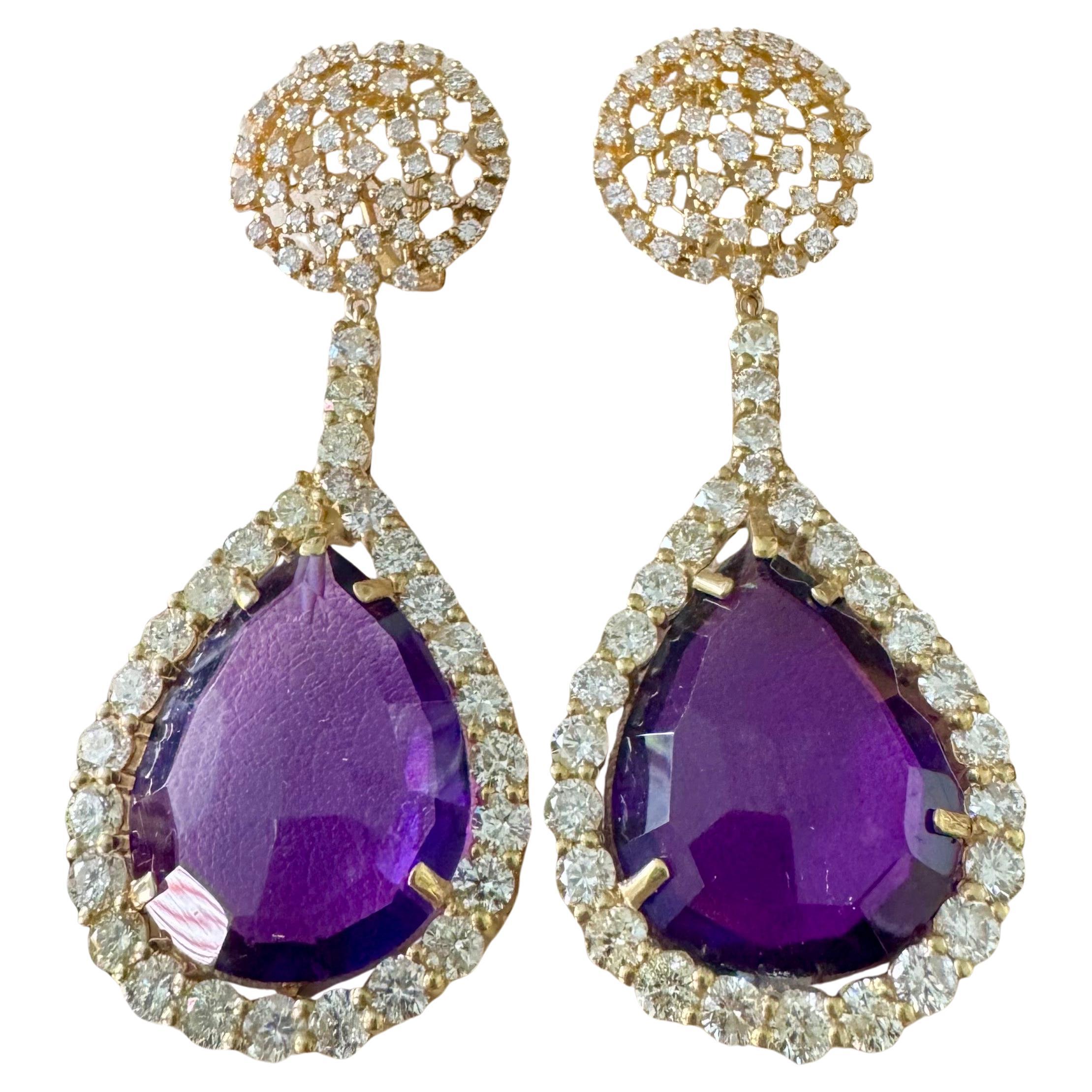 38 Carat Natural Amethyst & 9 Ct Diamond Cocktail Earring, 14 Karat Yellow Gold For Sale