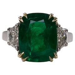 Art Deco Cushion Cut 3.82 Carat Natural Emerald Diamond Cocktail Ring