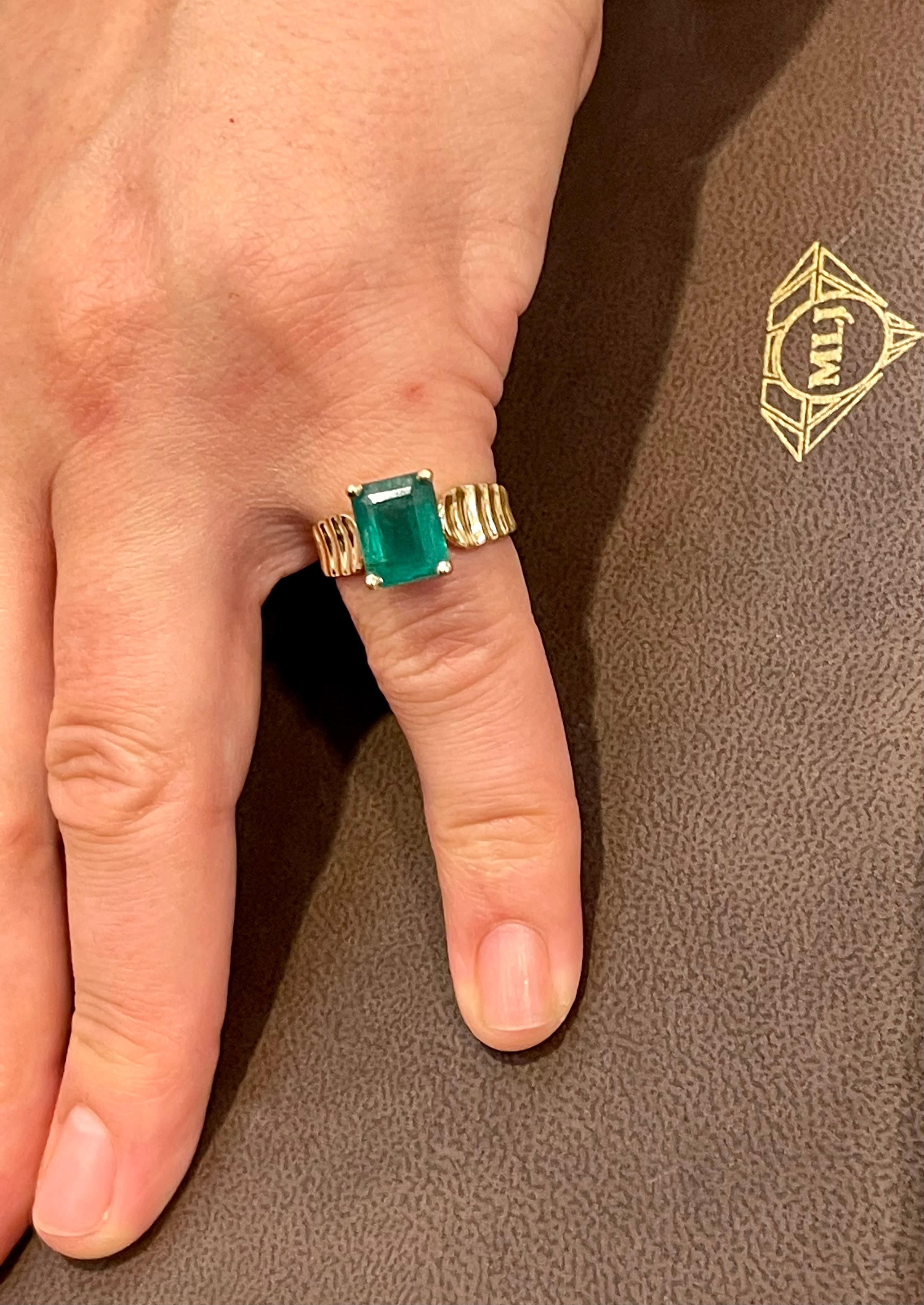 Women's 3.8 Carat Natural Zambian Emerald Cut Emerald Ring 14 Karat Yellow Gold