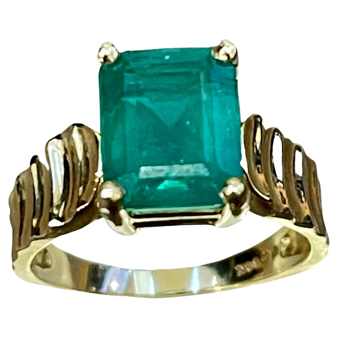 3.8 Carat Natural Zambian Emerald Cut Emerald Ring 14 Karat Yellow Gold