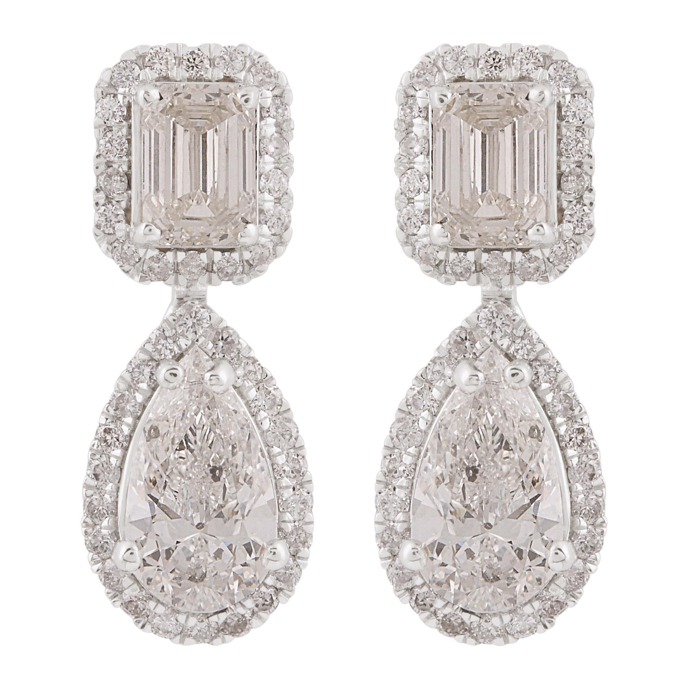 3.8 Carat Pear Emerald Brilliant Cut Diamond Dangle Earrings 14 Karat White Gold