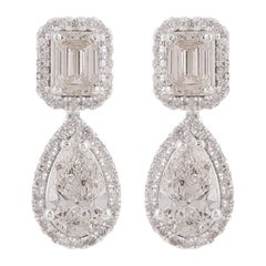 3.8 Carat Pear Emerald Brilliant Cut Diamond Dangle Earrings 14 Karat White Gold