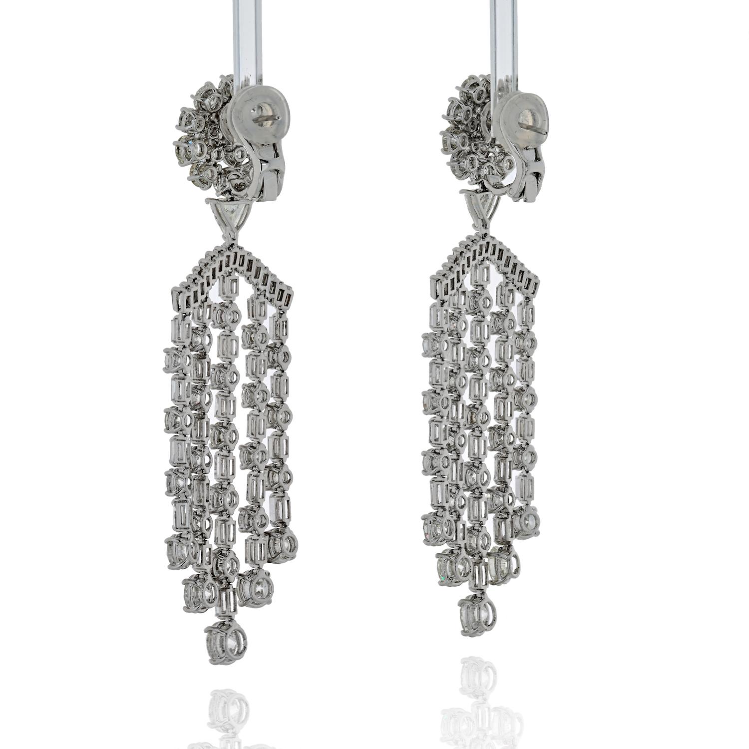 Modern 38 Carat Platinum Chandelier Dangling Diamond Drop Dramatic Earrings For Sale
