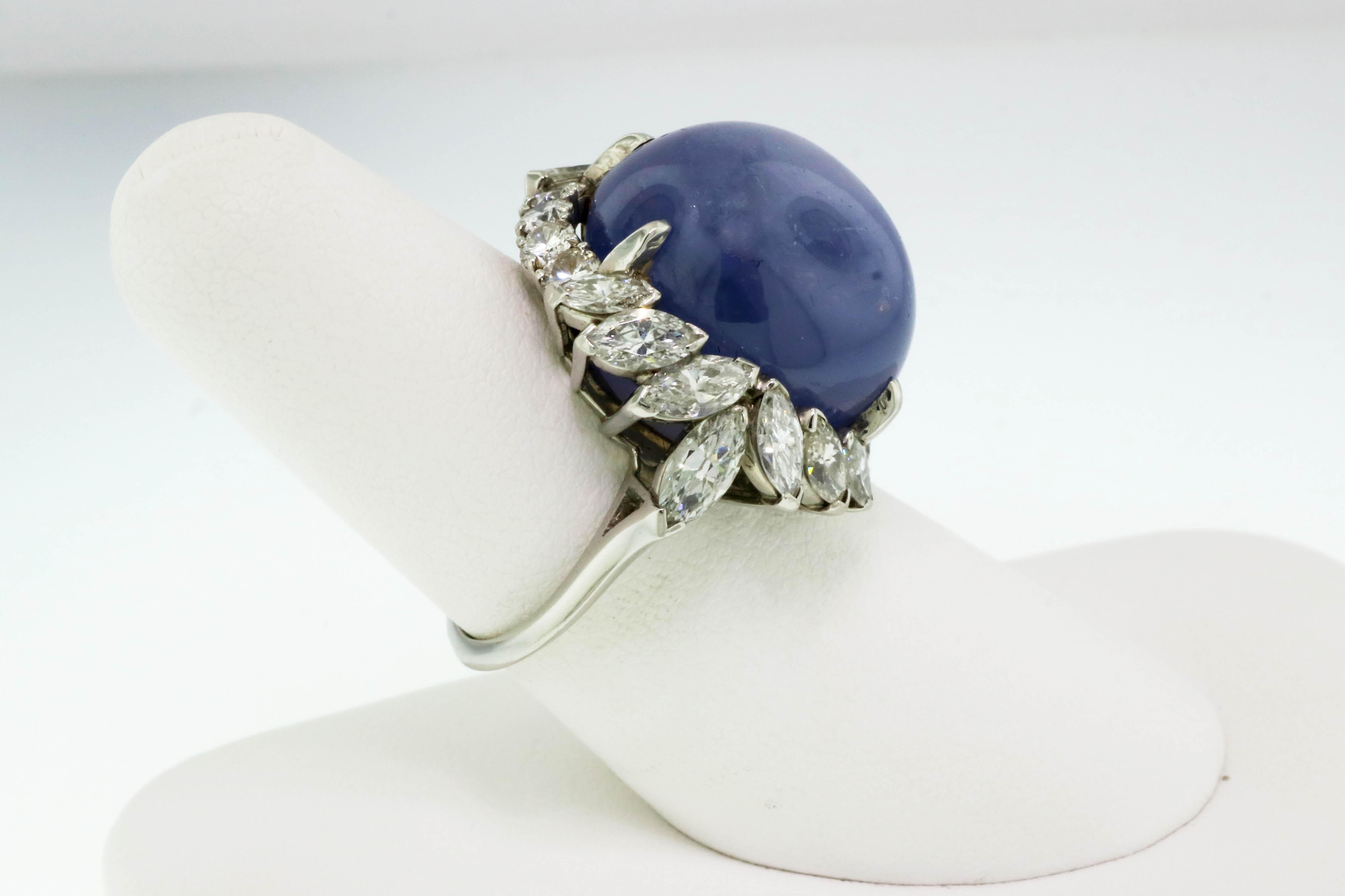 Round Cut 38 Carat Round Cabochon Star Sapphire Platinum Cocktail Ring with Diamond Halo