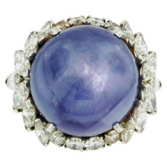 38 Carat Round Cabochon Star Sapphire Platinum Cocktail Ring with Diamond Halo