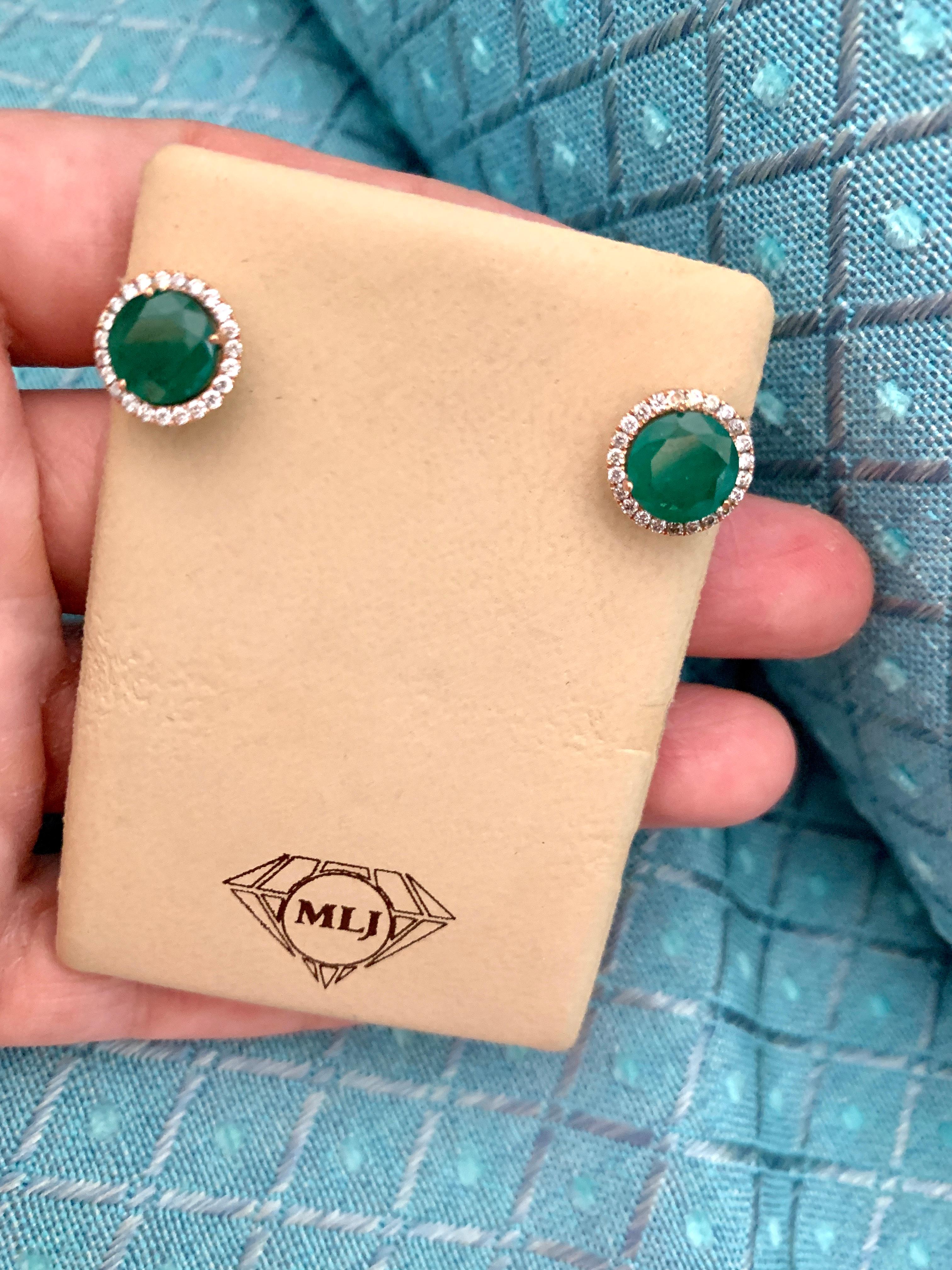3.8 Carat Round Emerald and Diamond Stud Earrings 18 Karat Pink Gold 4