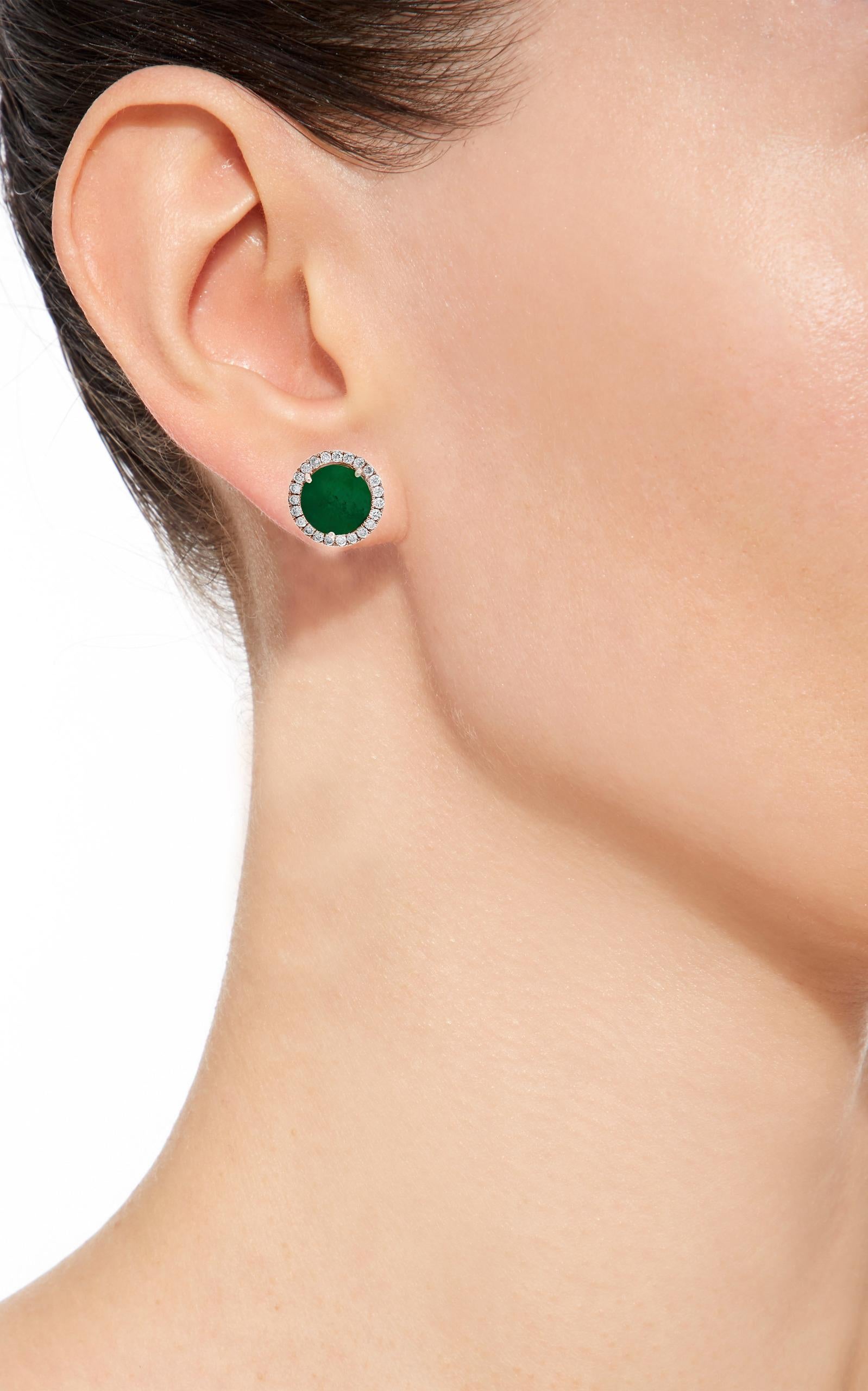 

3.8  Carat finest Round Cut Emerald  perfect pair with  Diamond  Post  Earrings  18 Karat  Pink Gold 
This exquisite pair of earrings are beautifully crafted with 14 karat Rose gold .
Weight of 18 K gold 5 grams
 Fine  Round Cut Emeralds weighing