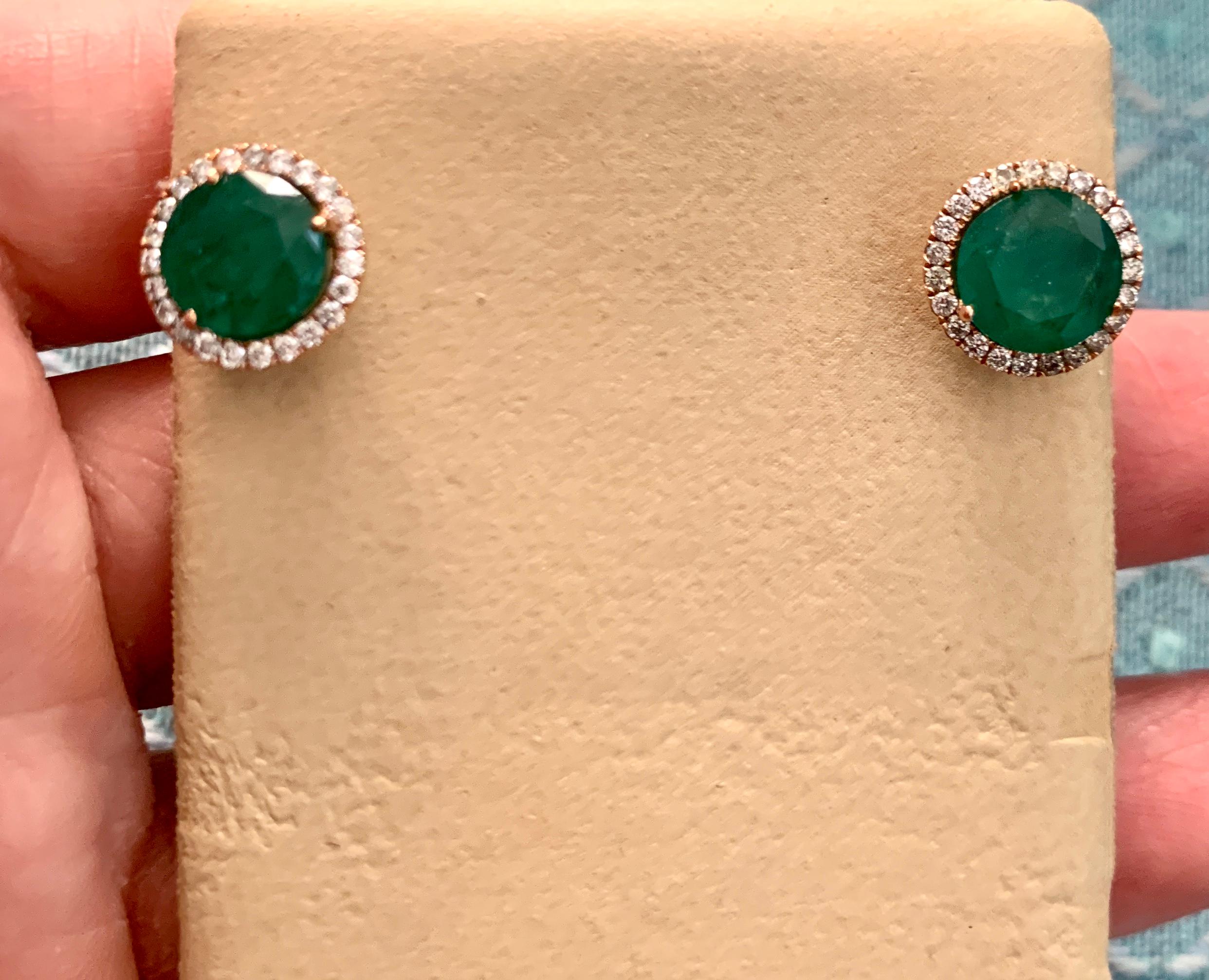 3.8 Carat Round Emerald and Diamond Stud Earrings 18 Karat Pink Gold 3