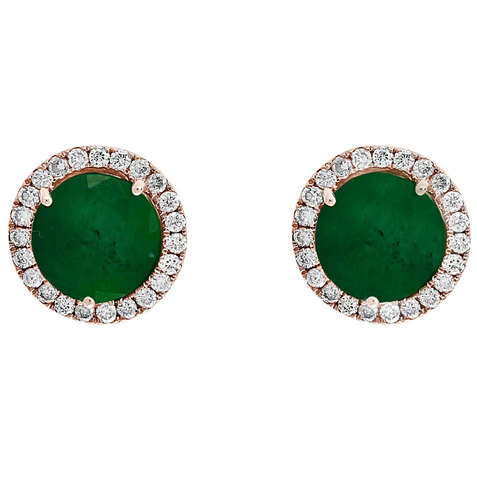 3.8 Carat Round Emerald and Diamond Stud Earrings 18 Karat Pink Gold